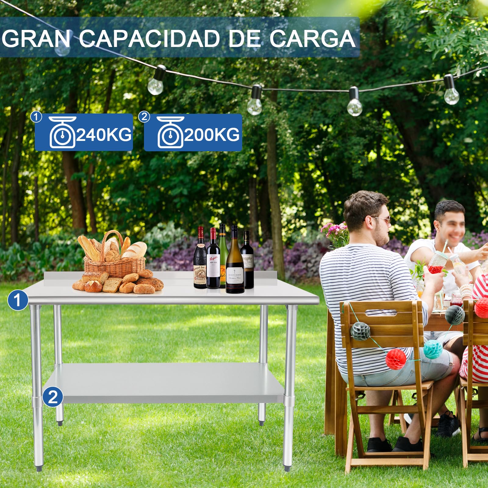 HARDURA Mesa de Acero Inoxidable para Preparación de Alimentos 61×122cm Heavy Duty Comercial con Estante Inferior y Revestimiento para Restaurante Cocina Casa y Hotel