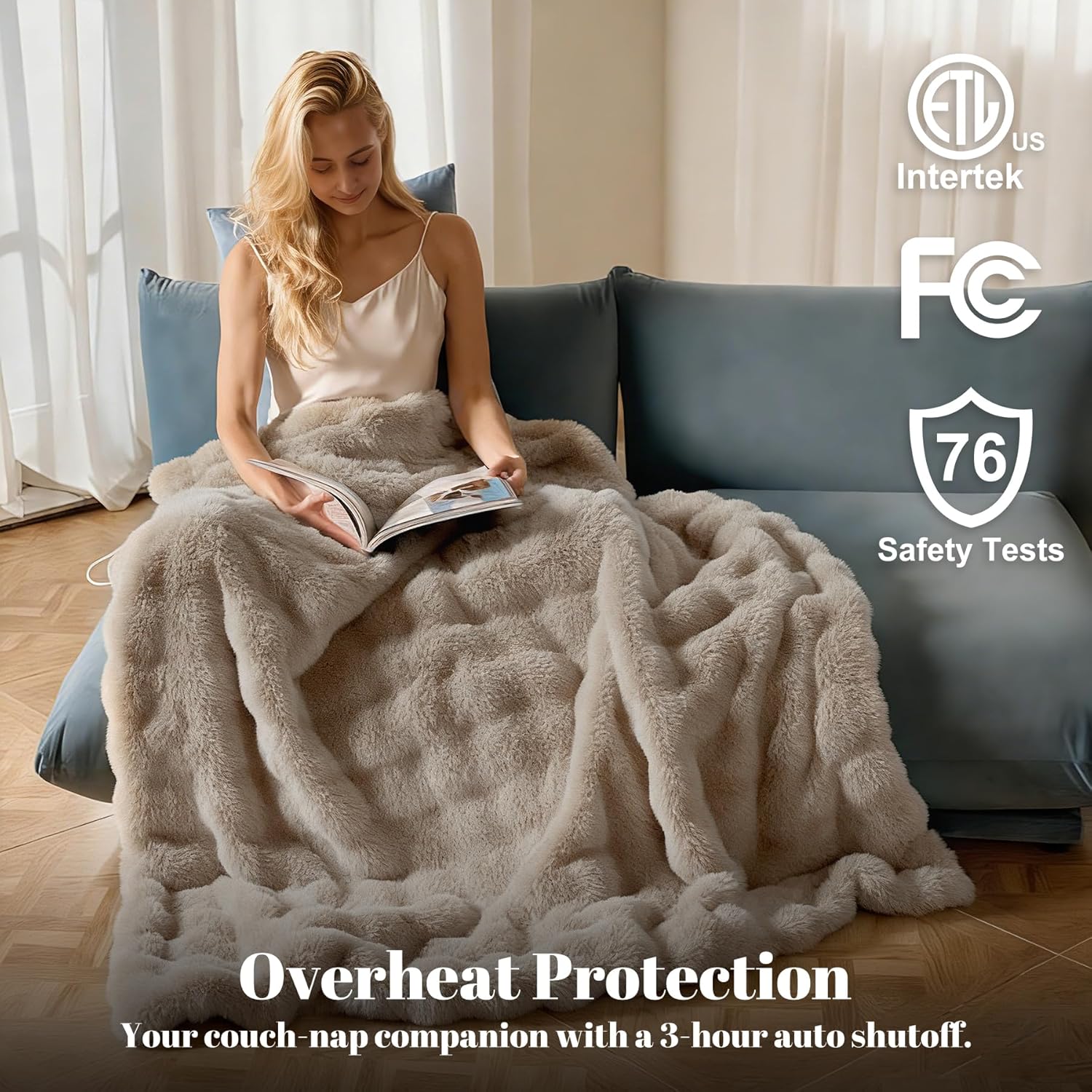 IUUI Electric Heated Blanket Throw 50''x60'',Luxury Faux Rabbit Fur Heating Throw Blankets,Fast Heating with 1/2/4/6/8/10 Hours,Overheat Protection, Quick Heating, Memory Function, Gift-Ready Design - Image 2