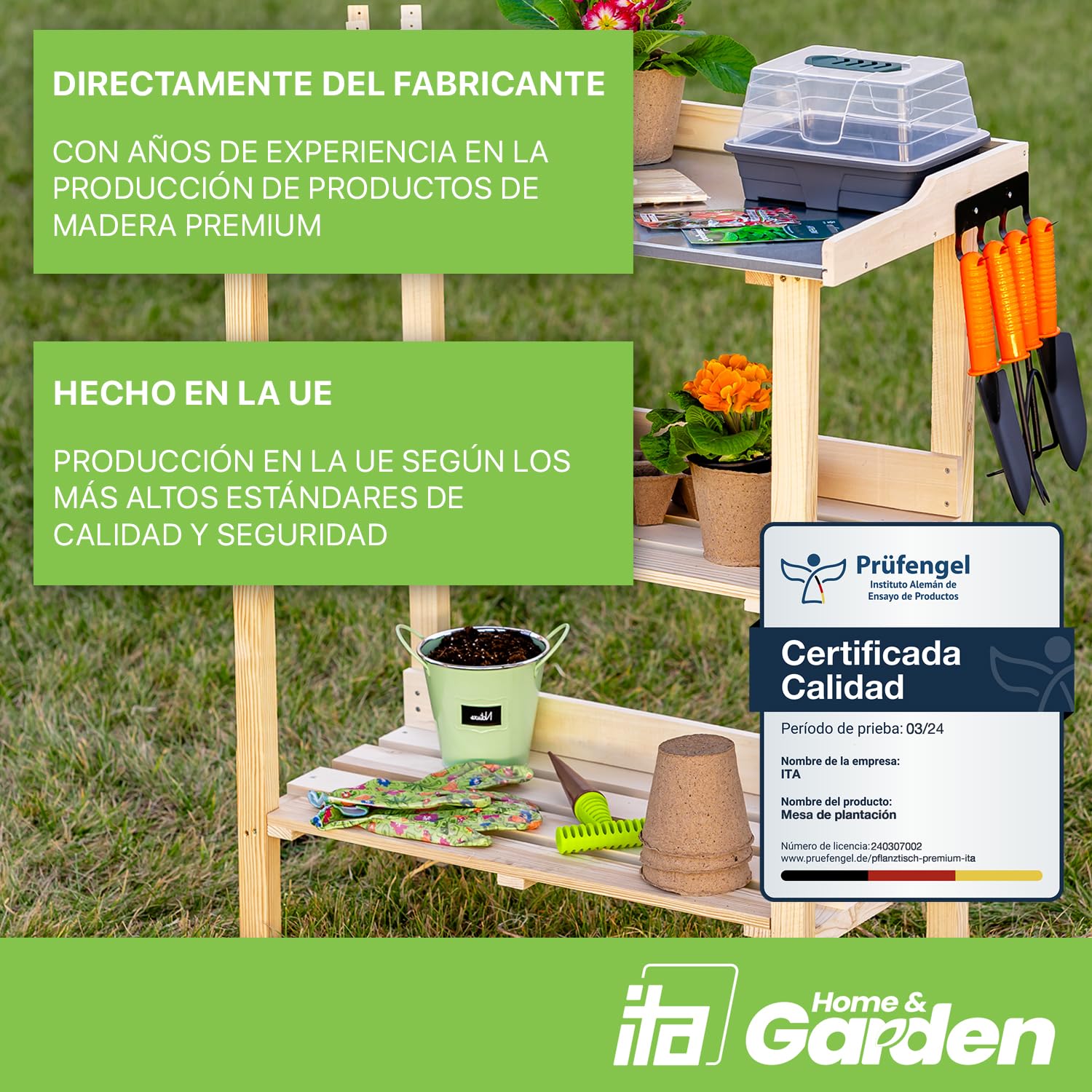 ITA Mesa de plantación de Madera 76x38x89 cm - con Superficie de Trabajo galvanizada y Estante Inferior - Mesa de jardín - Calidad Directa del Fabricante - estantería para Plantas, Color:Natural