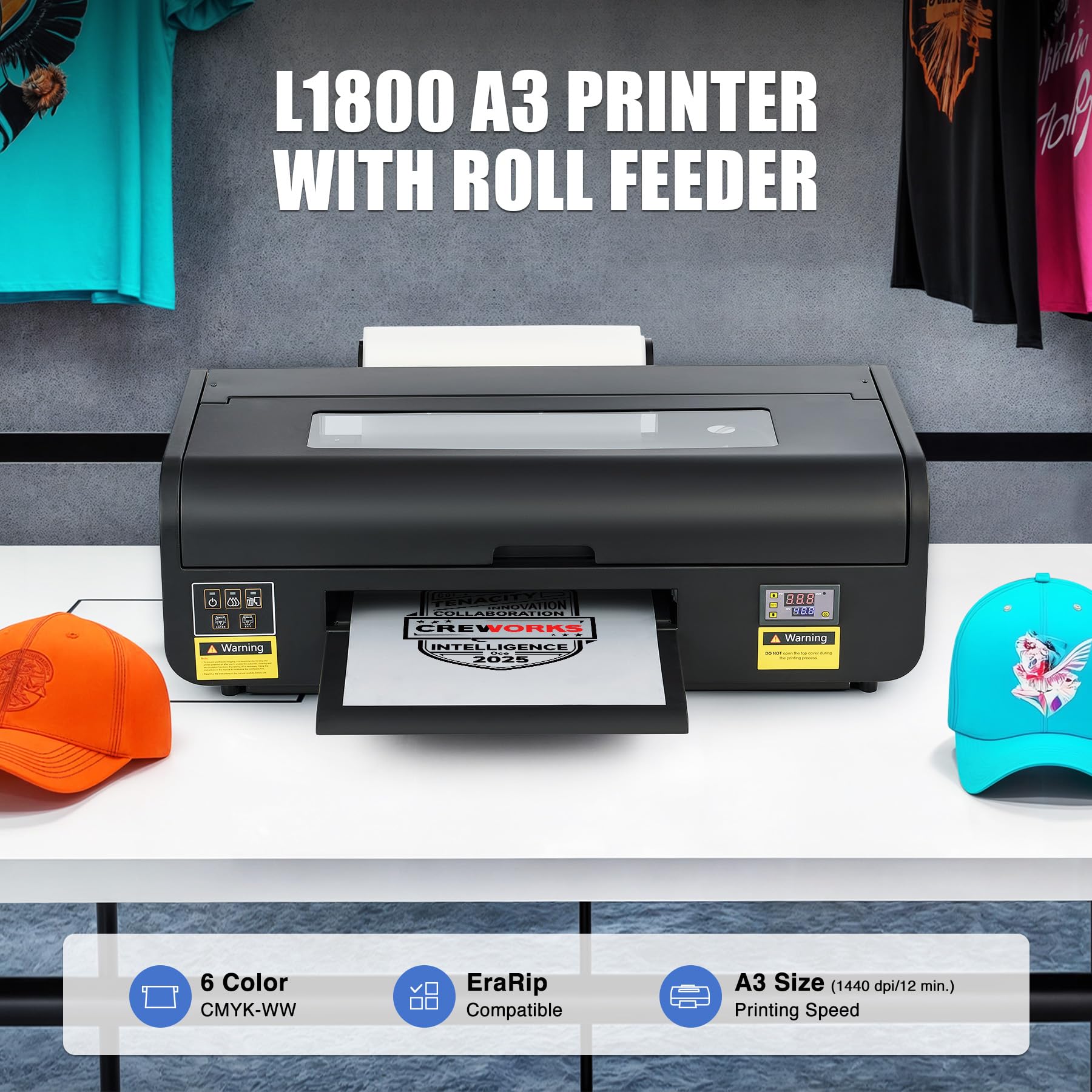 CREWORKS A3 DTF Printer, L1800 Transfer Printing Machine with White Ink Circulation & Stirring System, Auto Cleaning DTF Transfer with Oven Film Roll & Inks