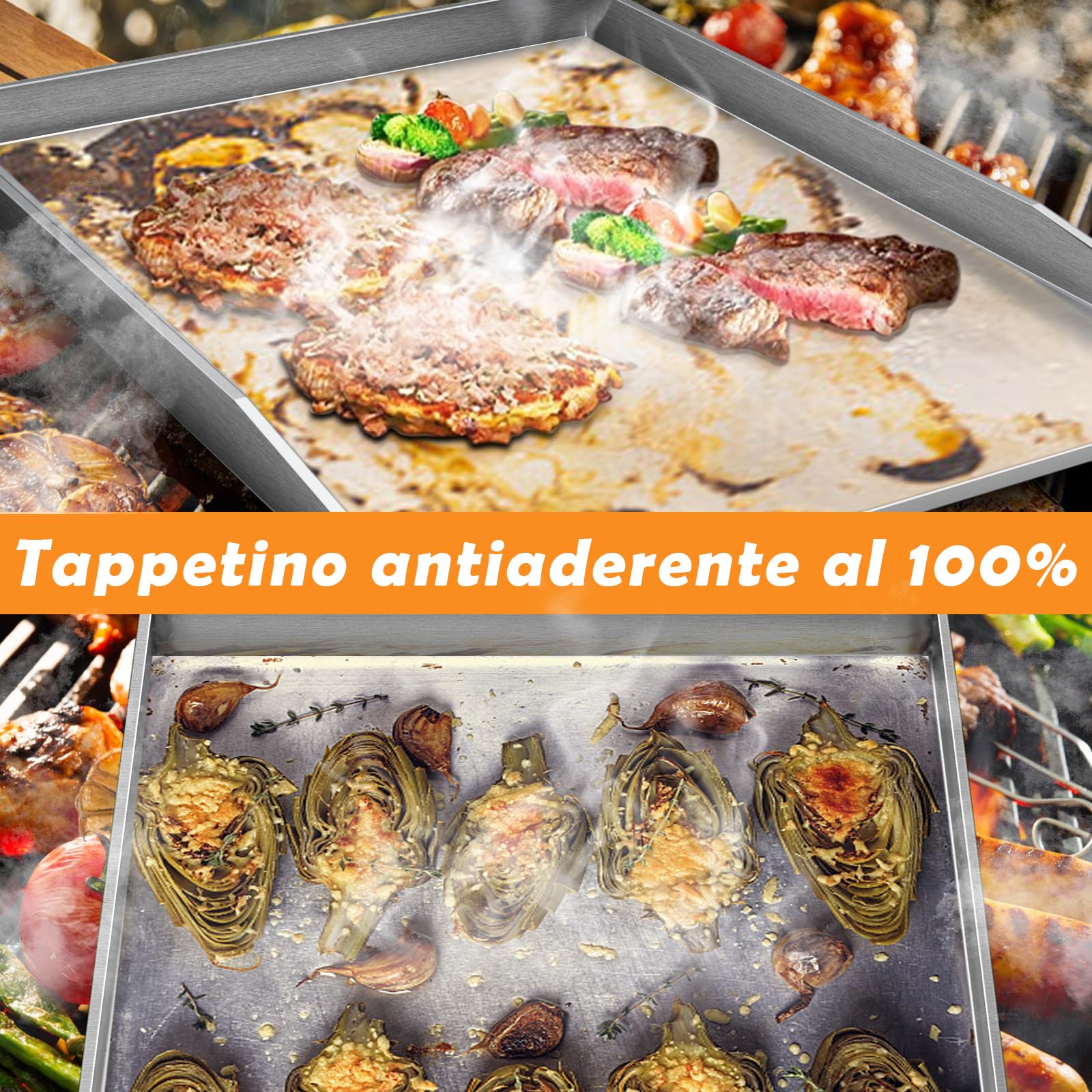 Piastra universale Plancha in acciaio inox, 27 x 20 cm, universale, adatta per barbecue a gas Weber e barbecue a carbonella, rettangolare, massiccia