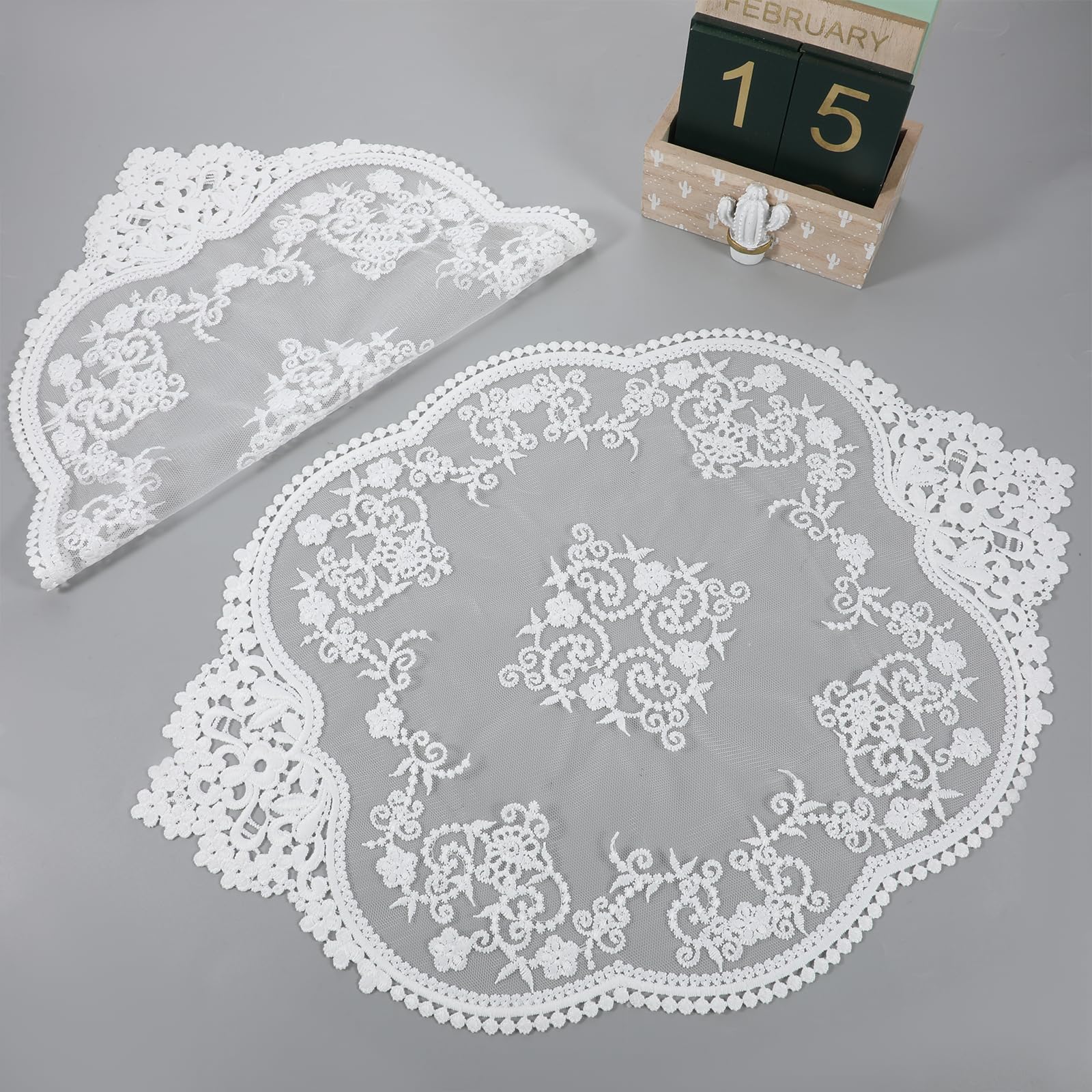 Photo 1 of 2 Pack Lace Doilies for Tables Crochet Placemats Handmade Embroidered Table Mats Retro French Style Fashionable Floret Lace Vase Mat Doilies for Furniture Room Nightstand Decor 15x12 Inch, White