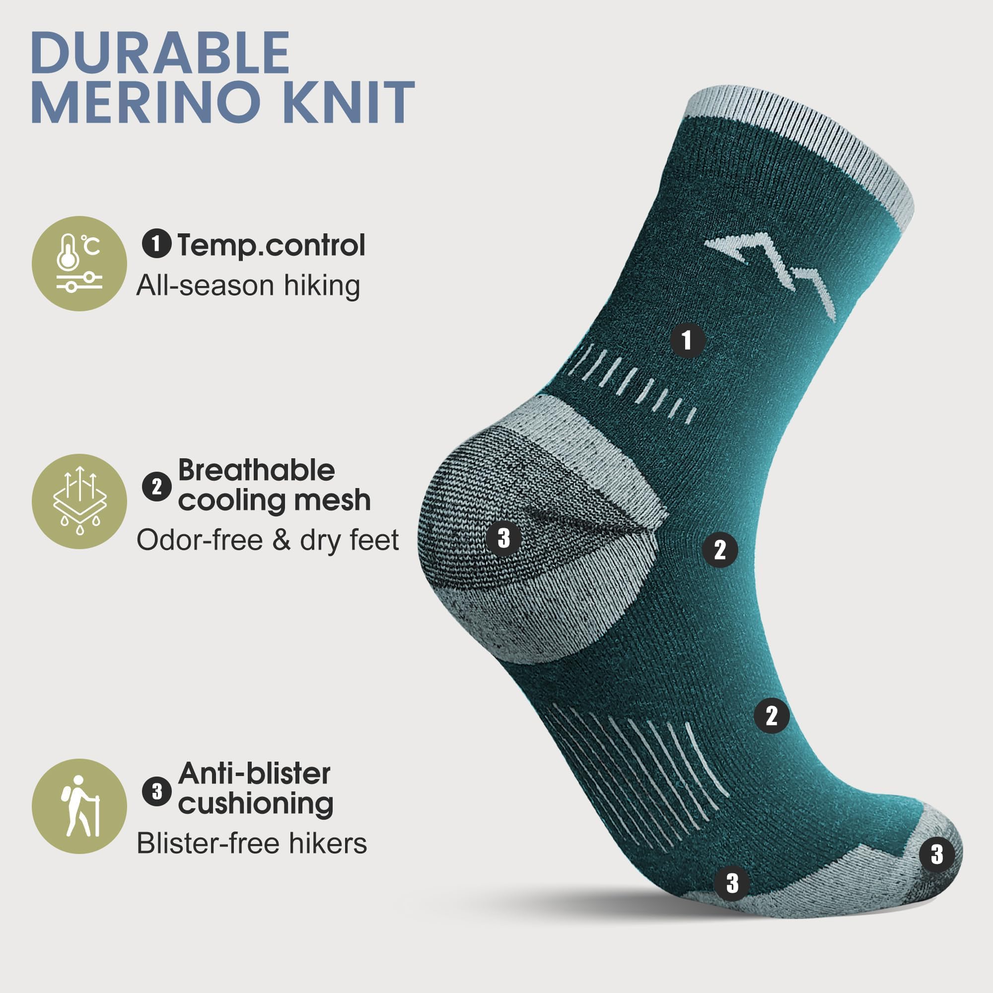 innotree Paquete de 3 calcetines de senderismo de lana merino para hombre, acolchados con micro tripulación, calcetines térmicos que absorben la humedad