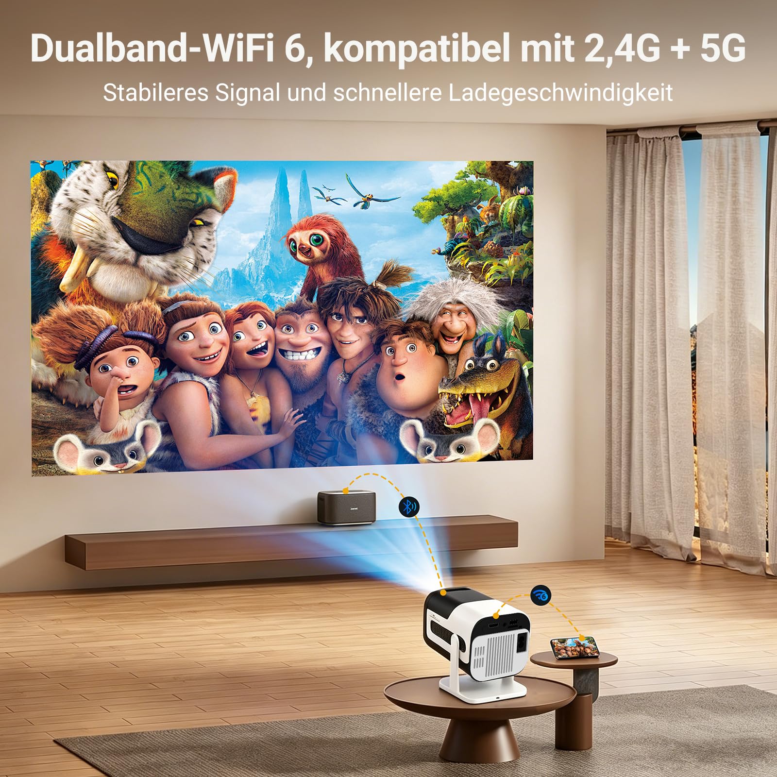 Mini Beamer Unterstützt 4K 1080P, Smart Tragbarer Projector WiFi 6 BT 5, Mini Projektor Automatische Trapezialkorrektur,180° Drehung Beamer Heimkino Outdoor für HDMI/Android/iOS/Laptop/Handy
