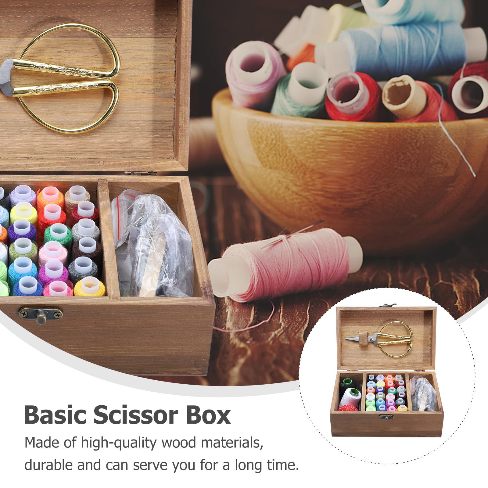 Kichvoe Estuche de Costura de Madera Natural Retro Gran Capacidad para Almacenar Agujas, Hilos y Tijeras, Kit de Costura para DIY Hogar