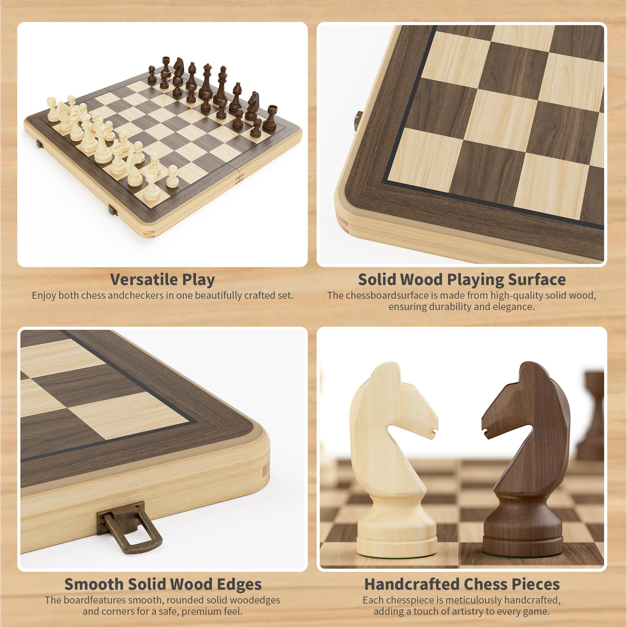 38 cm Holz Klapp-Schach- und Dame-Set, 2-in-1 Brettspiel, 7,6 cm König Staunton Figuren, 2 zusätzliche Damen (Black)