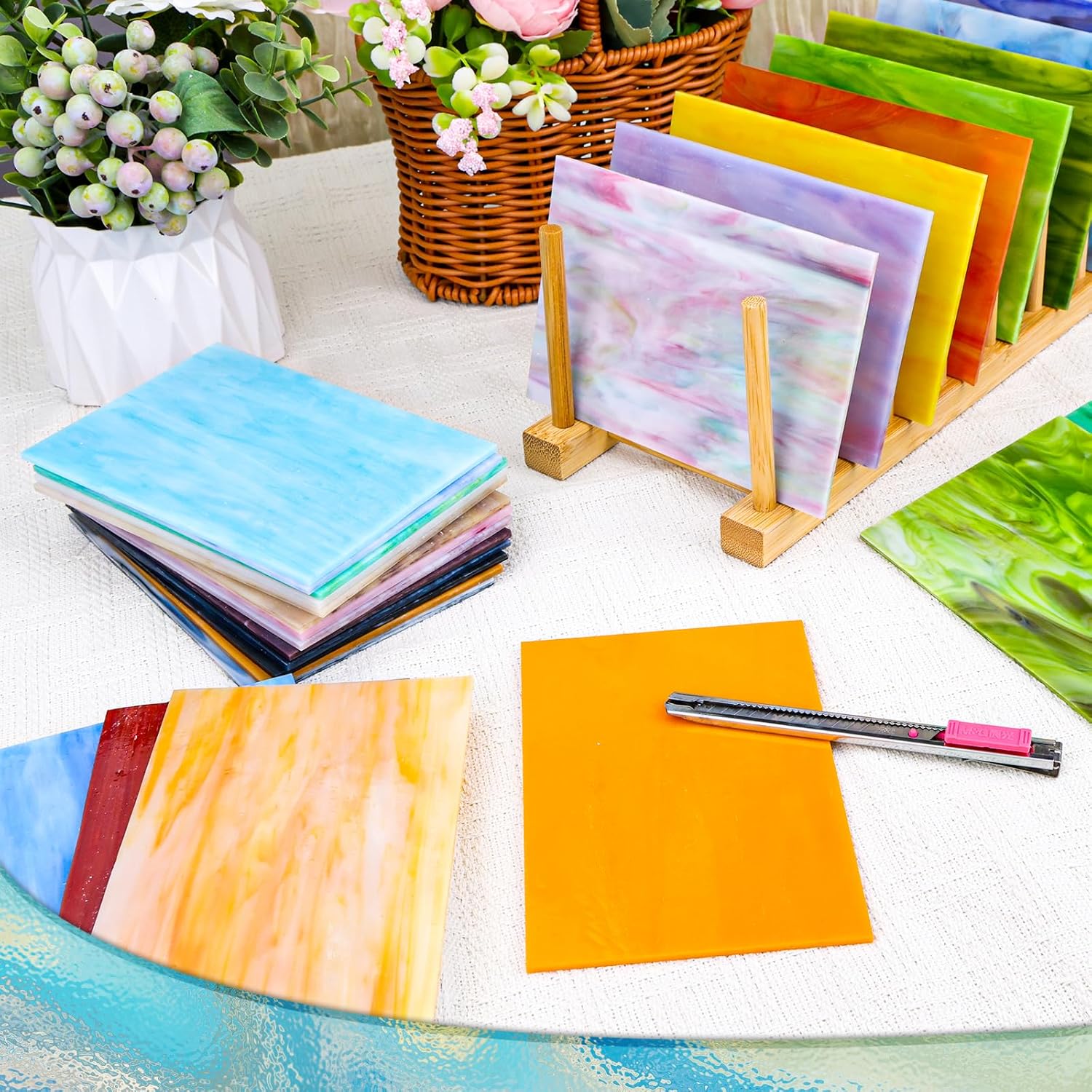 36 Sheets Opaque Stained Glass Bulk Variety Pack, 4 x 6 Inch Mosaic Glass Tiles for Crafts, Assorted Colors Cathedral Art Glasses Sheets for Stained Glass Making Projects