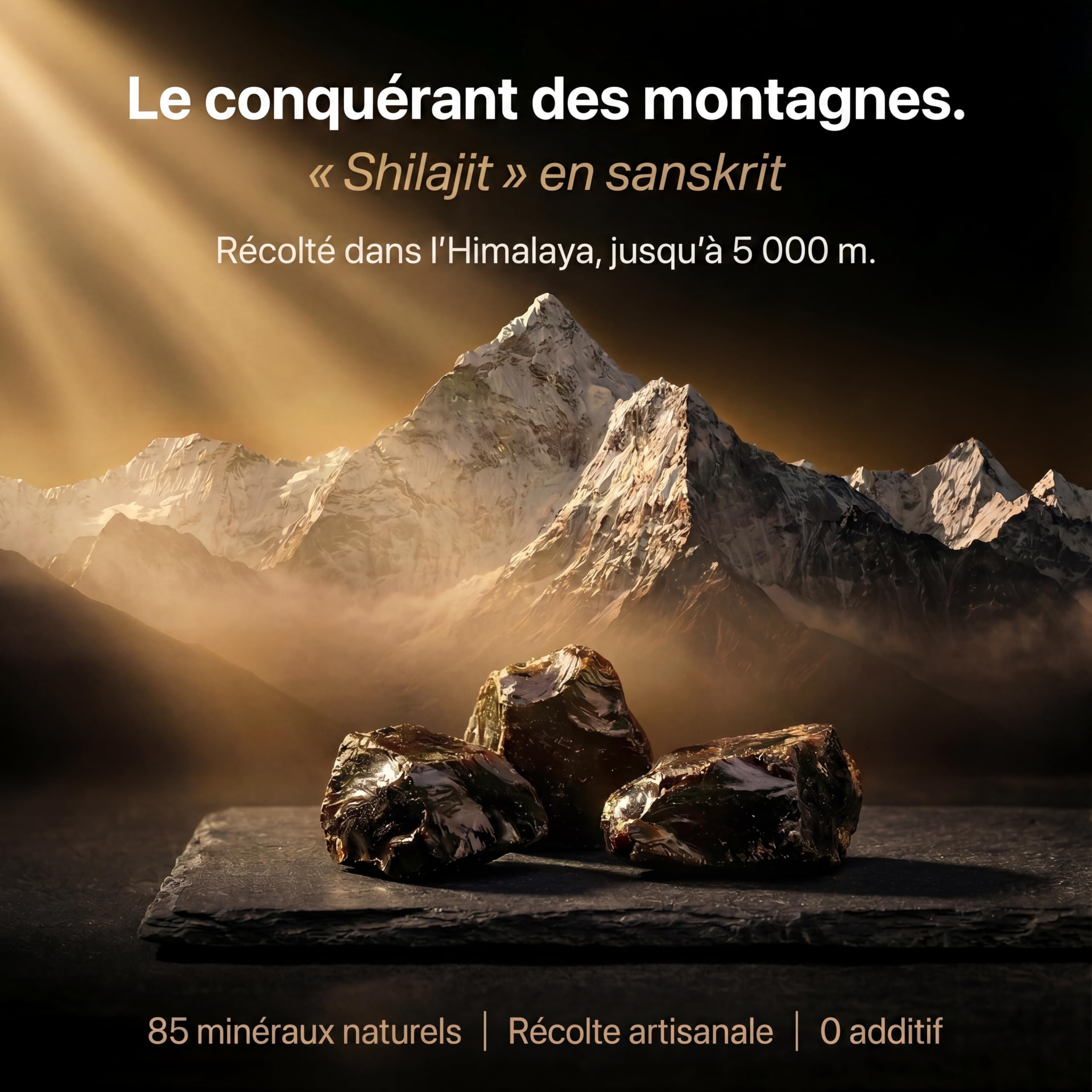 Shilajit+ Movezen, Résine de Shilajit Pure Naturelle 30 g, +75% Acide Fulvique, Himalaya 5000 m, 85 Minéraux & Oligo-Éléments, Analysé Eurofins France, Sans Additif, 600 mg, 50 Jours, Halal, Cuillère
