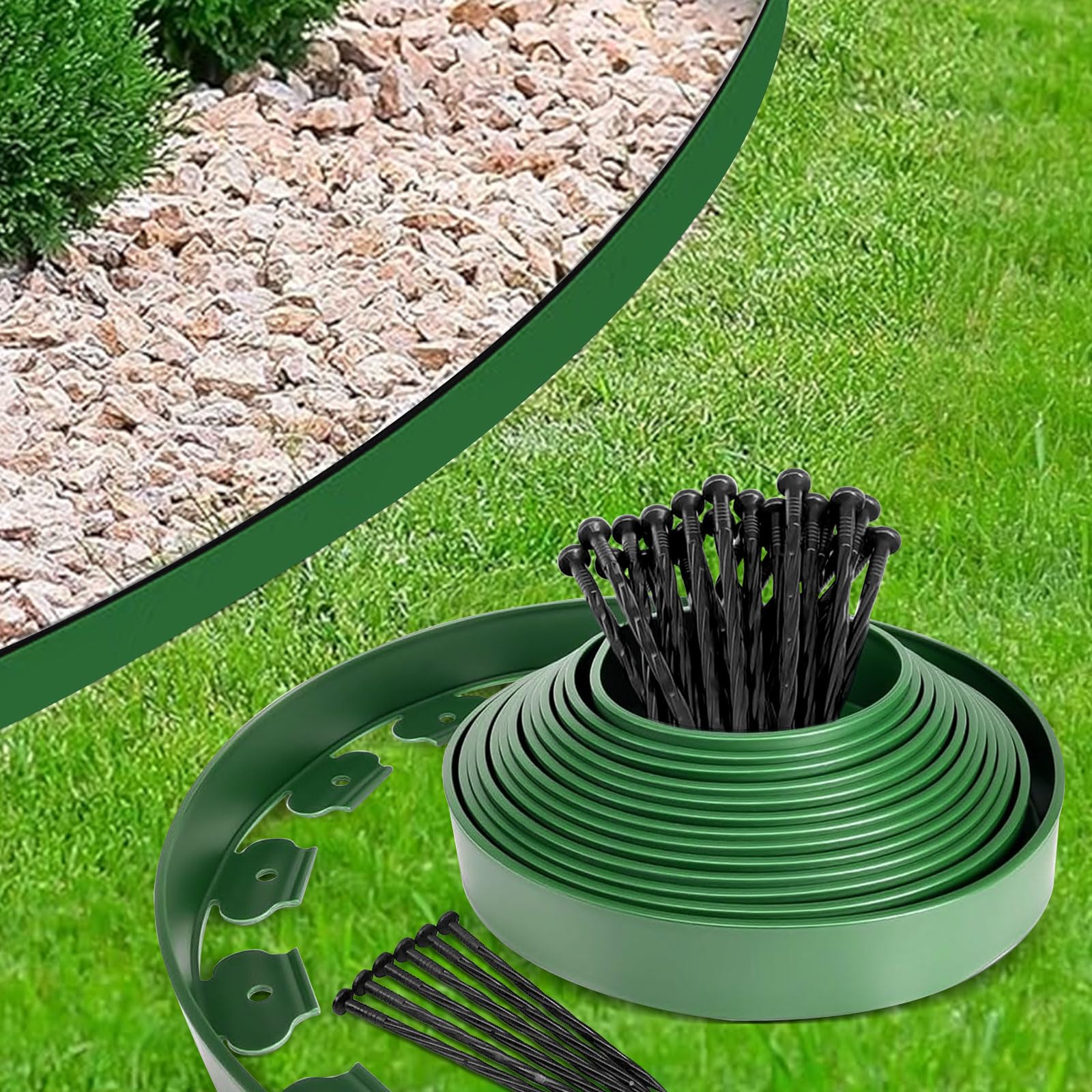 Bordo flessibile per prato in plastica, 15 m (L) x 5 cm (A) bordure per prato bordatura per aiuole, con 70 ancoraggi per terra + 1 paio di guanti (Verde)