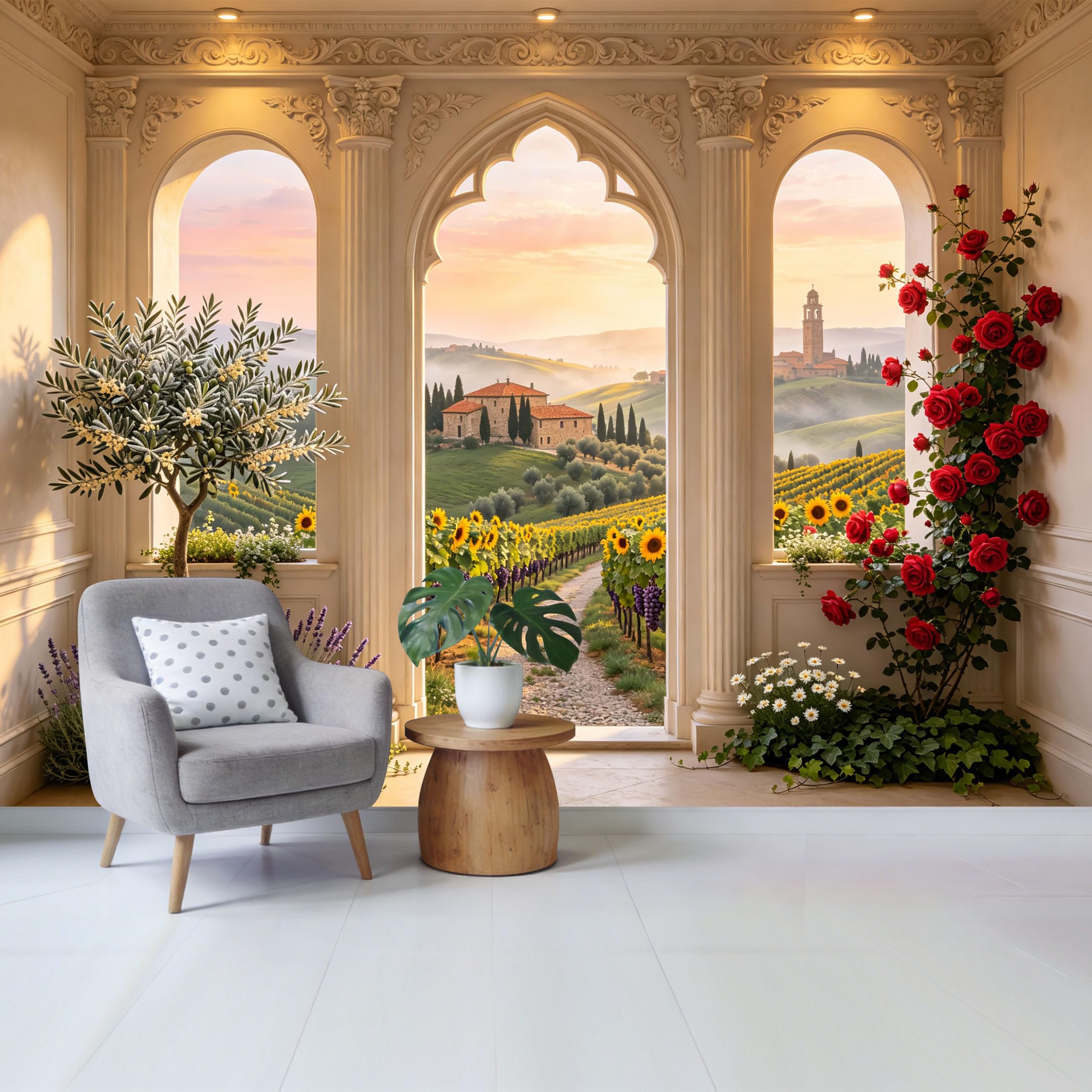 Removable Self Adhesive Fabric Mural， Tuscan Countryside Sunset Vineyard Custom Size Wall Covering， UV Protected Waterproof Washable Wall Decor for Living Room Bedroom Bathroom
