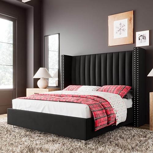 Jocisland Queen Size Bed Frame Upholstered Platform Bed with Tall Headboard Wingback, Velvet Vertical Channel Tufted, No Box Spring Needed, Easy Assembly, Black