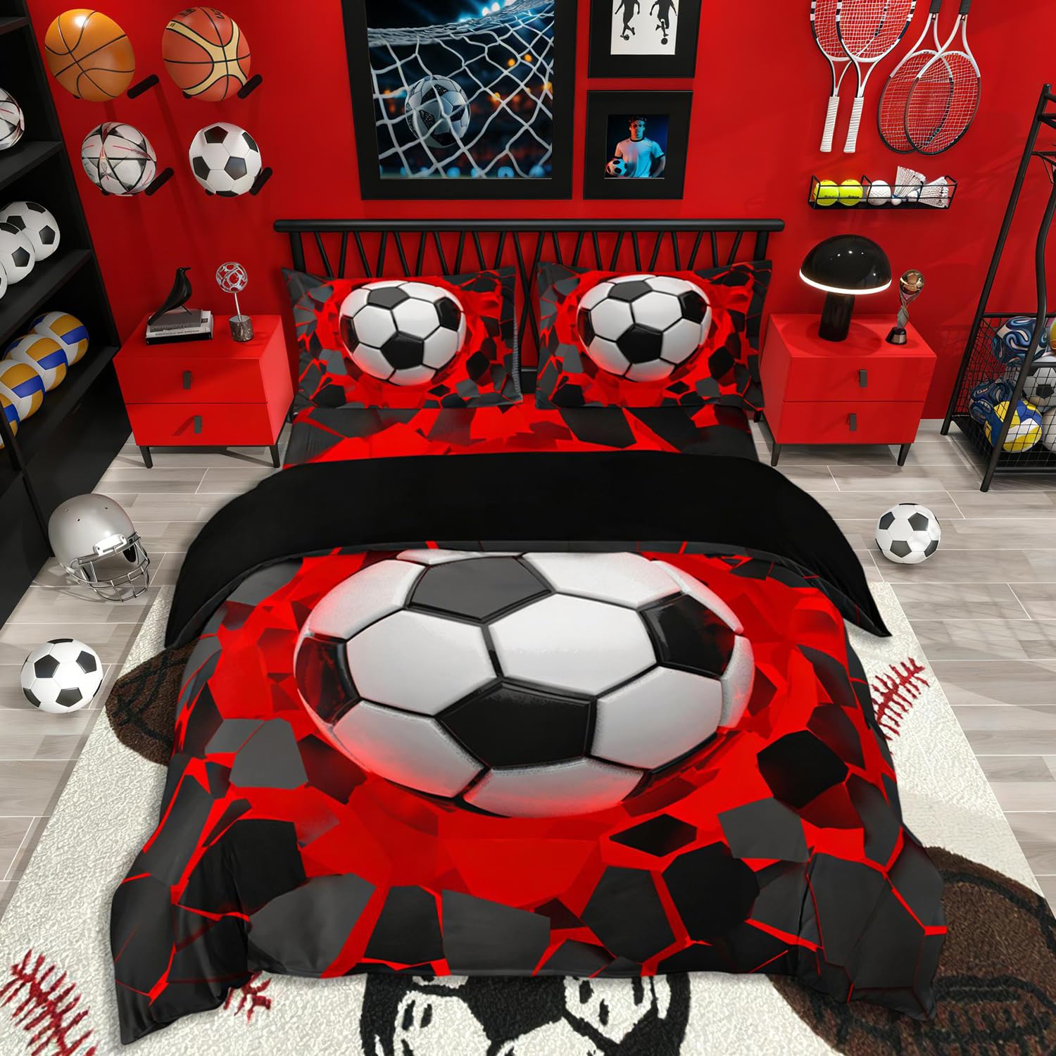 Loussiesd Soccer Ball Bedding Set 3D Geometric Football Duvet Cover for Kids Boys Girls Red Black Comforter Cover Sport Bedding & Linen Room 2Pcs Single,Zipper-image-10