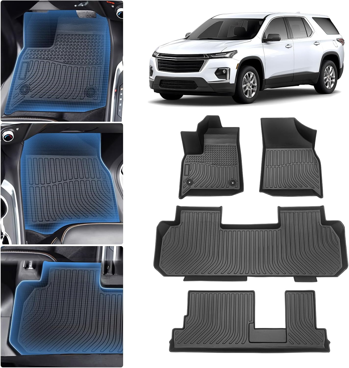 Floor Mats for 2018-2024 2025 Chevrolet Chevy Traverse 8 Seats Accessories All Weather Guard Floor Liners 3 Row Liners Set TPE Protection Carpets Car Mats-Waterproof/Durable/Odorless Black
