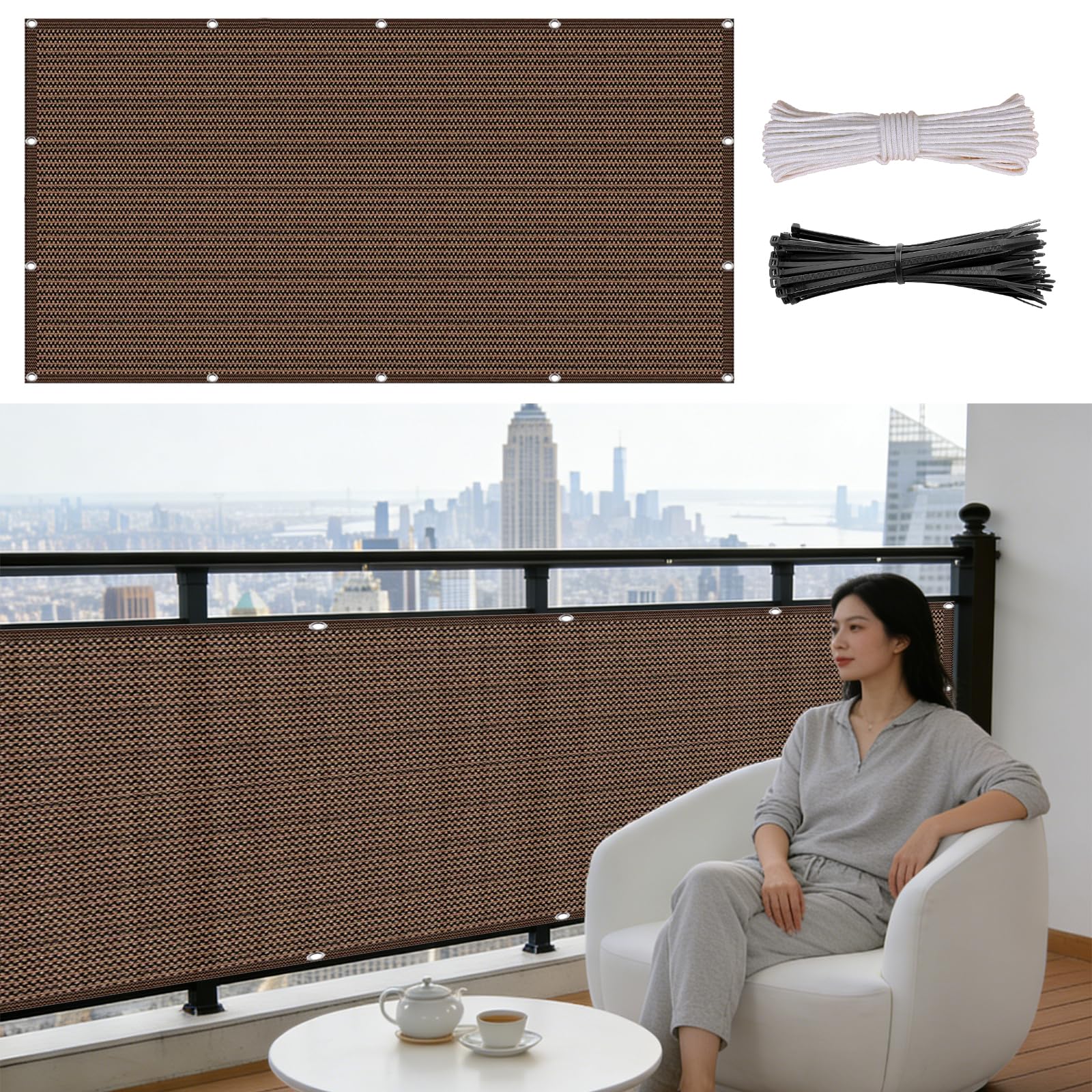 Frangivisto Balcone 75 x 750 cm in HDPE 220G ㎡, Permeabile, Anti-Uv, Frangivento, Protezione Solare, Telo Frangivento per Balconi con Fascette e Funi para Jardín Exterior, Marrone