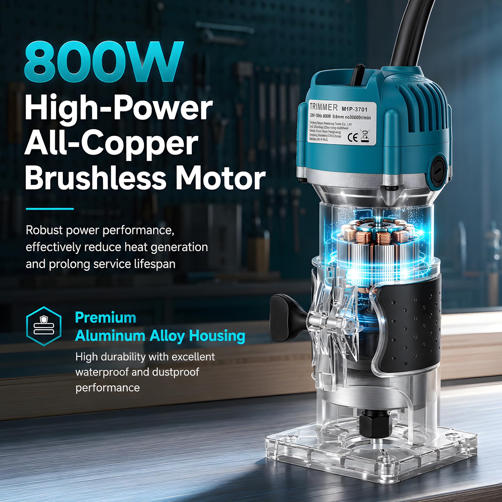 Fresadora de cantos de 800 W con 15 piezas, 800 W, 30000 rpm, fresadora profesional de 6,35 mm y carcasa de aluminio, fresadora de madera precisa para aficionados y profesionales