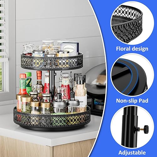 Miniatura 4 de Organizador Lazy Susan de 2 niveles - Estante giratorio para especias de 12 pulgadas. Lazy Susan ajustable de metal giratorio para gabinete,