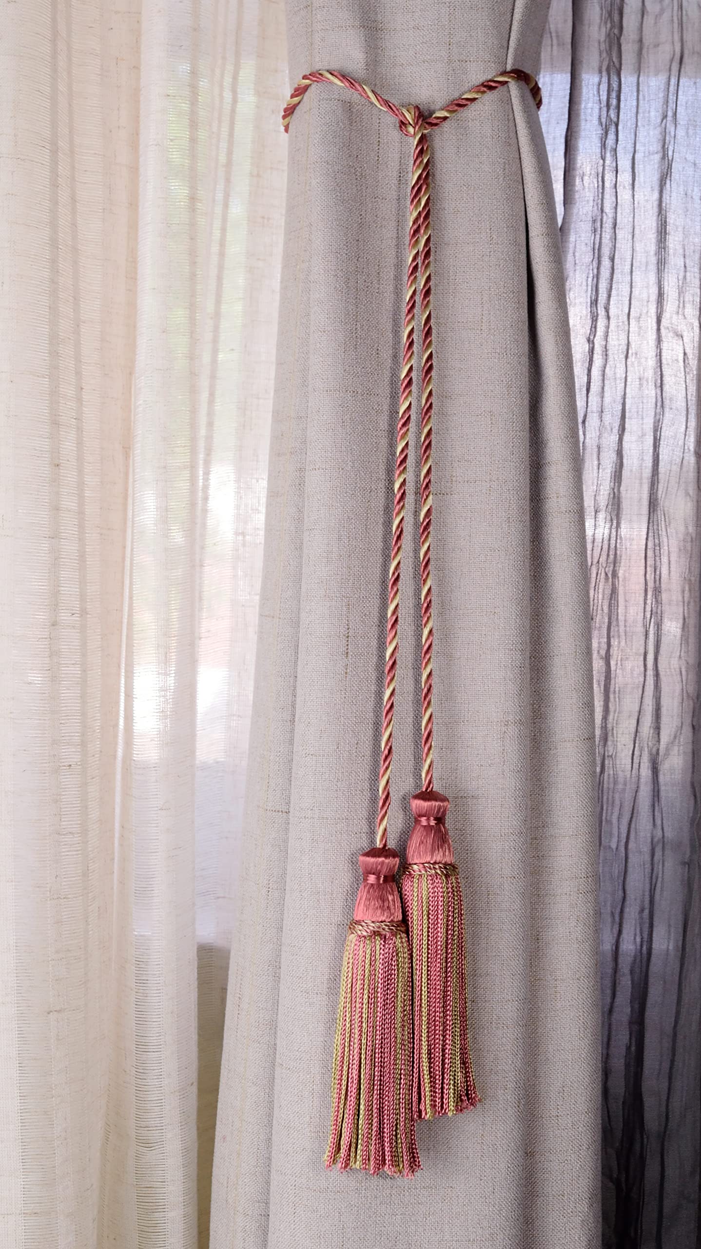 CDCT, set di 12 fermatenda decorativi con doppia nappa, 10 cm, 73,5 cm di larghezza (73,5 cm), petali di rosa #642 (rosa magenta, verde kaki, oro giallo)