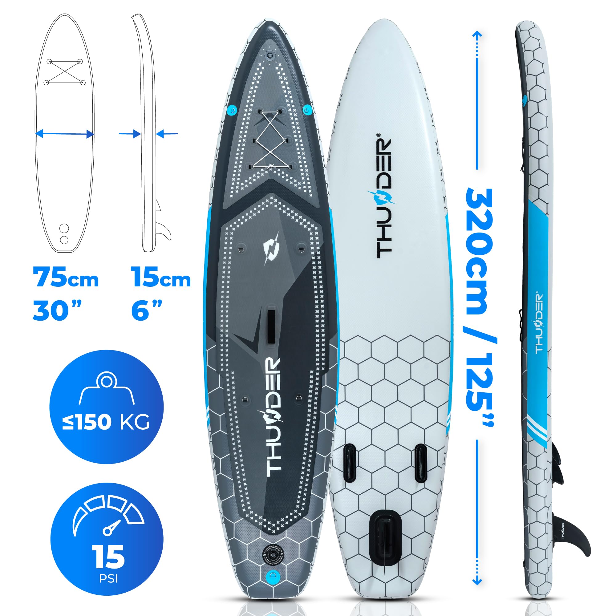 THUNDER Pro LED Sup Board 320 cm con sedile Kayak – Stand Up Paddle Board Gonfiabile con Illuminazione RGB LED, Pompa, Paddle & Zaino – Set Sup fino a 150 kg