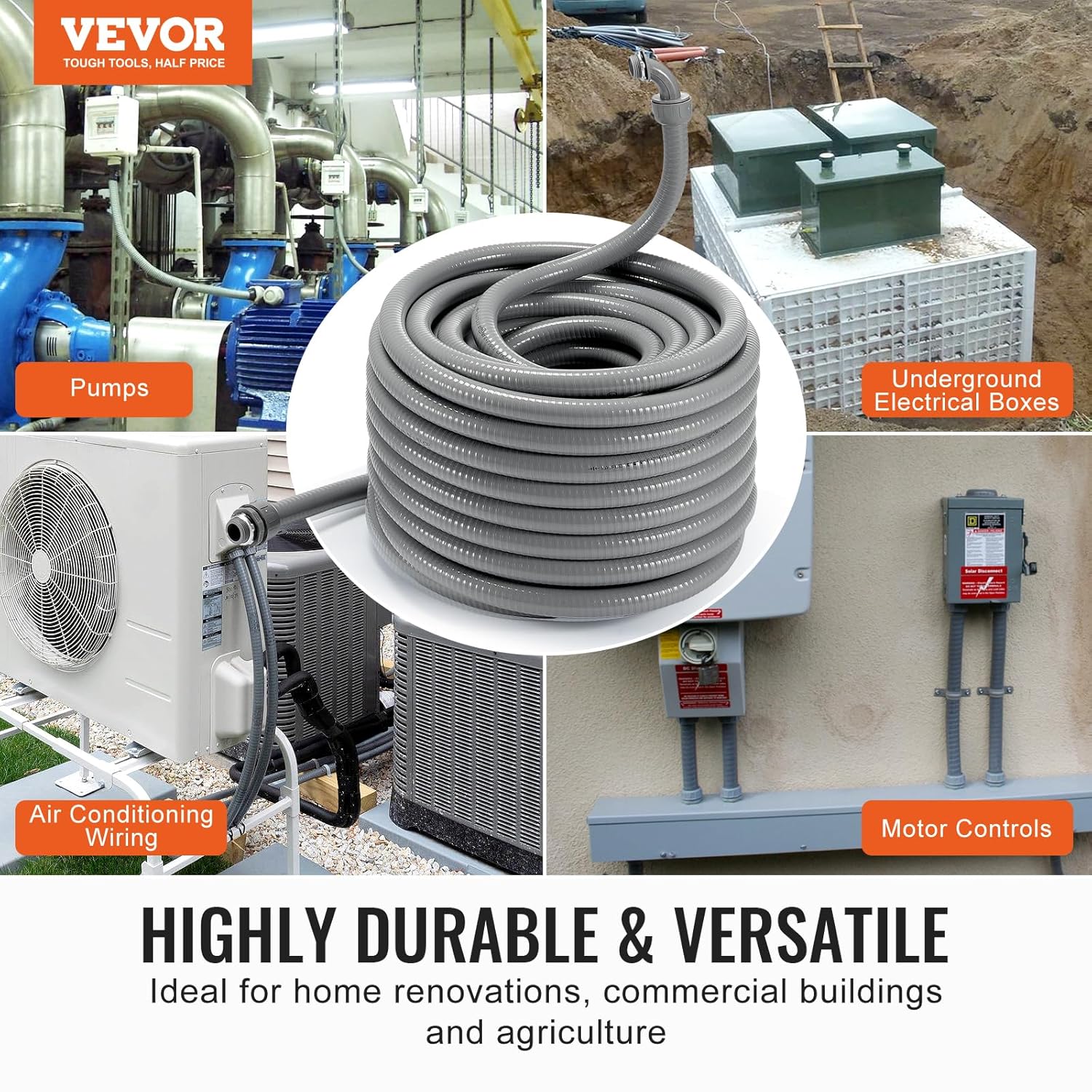VEVOR 3/4-Inch (100FT) Flexible Electrical Conduit, PVC Liquid-Tight Conduit Non-Metallic with 5 Straight and 5 90-Degree Fittings, for Air Conditioning Motor Controller Pump, IP65
