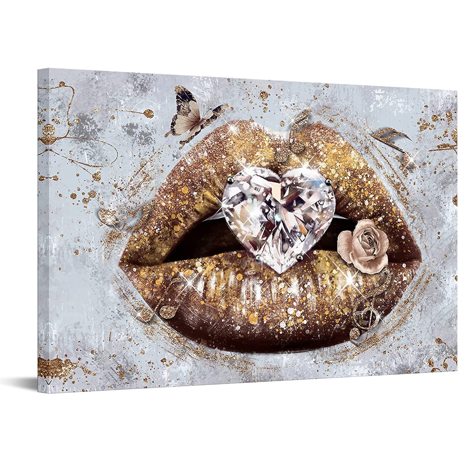 Lip Canvas Wall Art Beauty Gold Lip Picture Prints Stylish Fashion Painting with Heart Diamond Artwork for Makeup Room Bedroom Salon Wall Decor 24x36 Inch