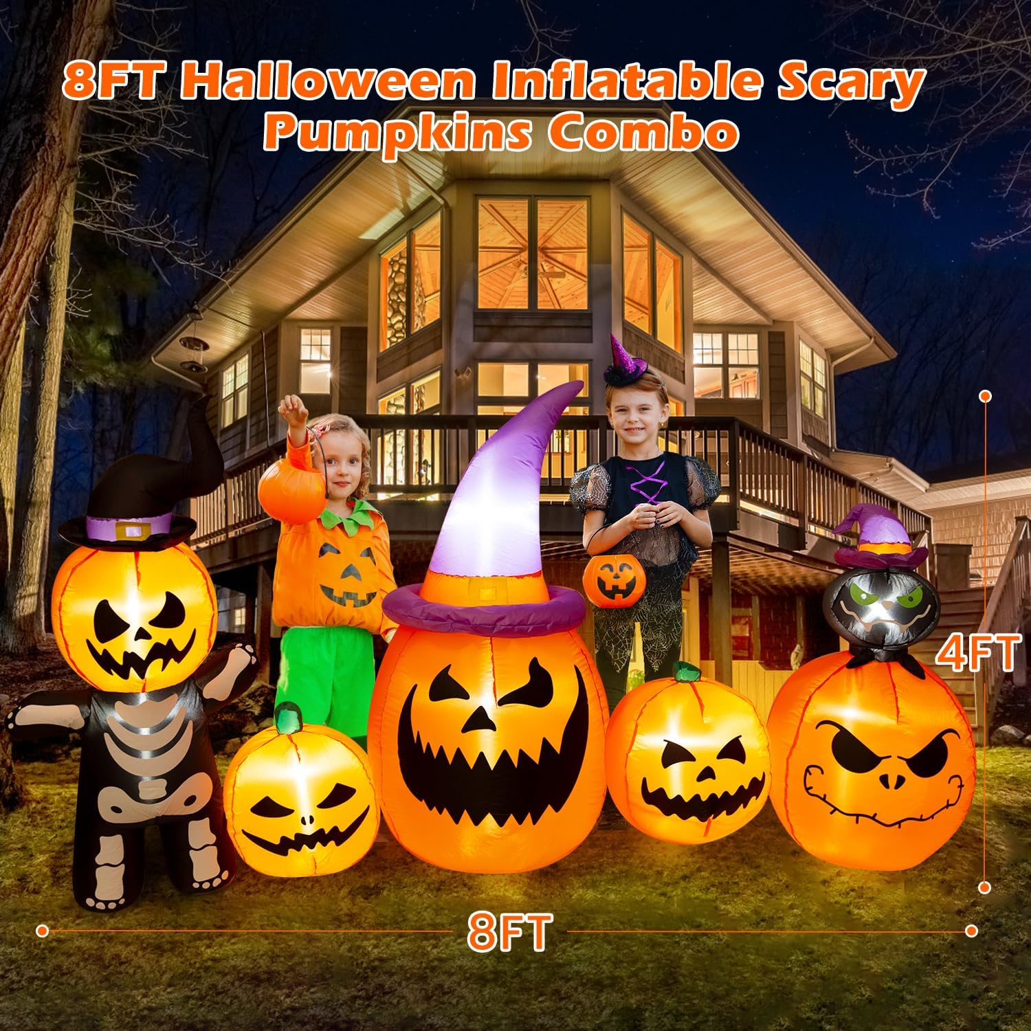 8FT Long Halloween Inflatable Pumpkins Outdoor Decorations, 5 Blow up Pumpkins with Witch Cats Built-in LED Lights, Halloween Inflatables Decor for Outside Yard Lawn