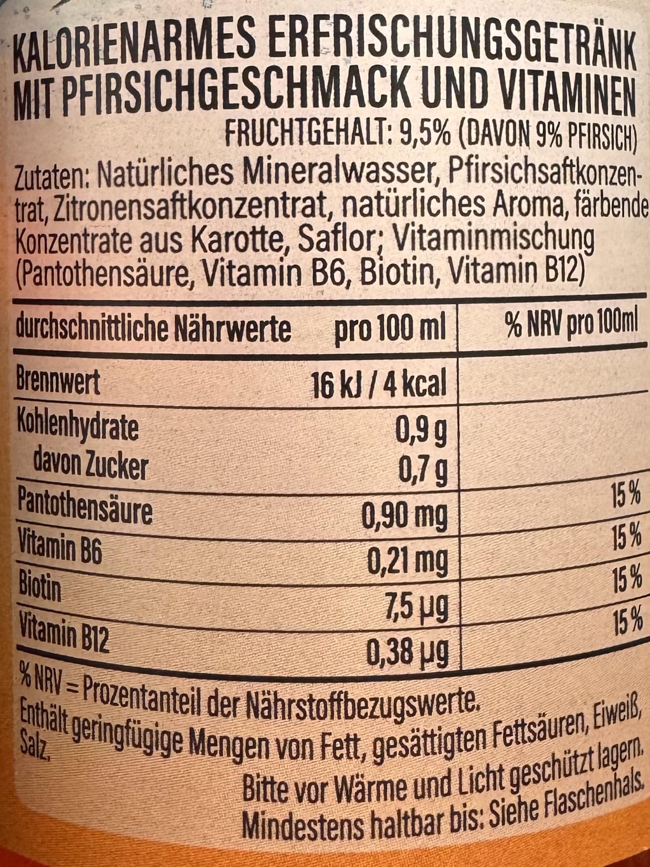 VitaVate Vitaminwasser Pfirsich ohne Zuckerzusatz kalorienarme natürliche Aromen ohne Koffein mit Vitamin B6 B12 Biotin Pantothensäure 18x (0,5L) Tray