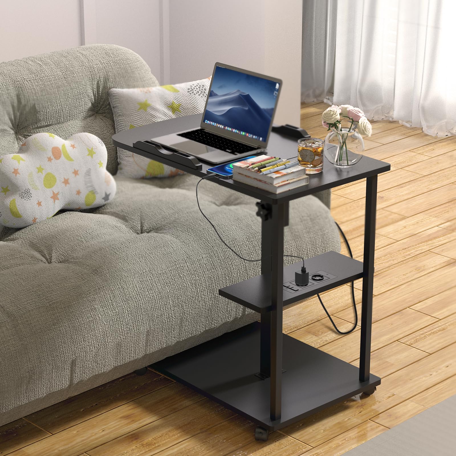 Schreibtische auf Rollen Laptoptisch mit Steckdose Höhenverstellbar Der Desktop kann umgedreht Werden Stehpulte Sofatisch mit Rollen Kaffeetisch Schlafzimmer, Wohnzimmer