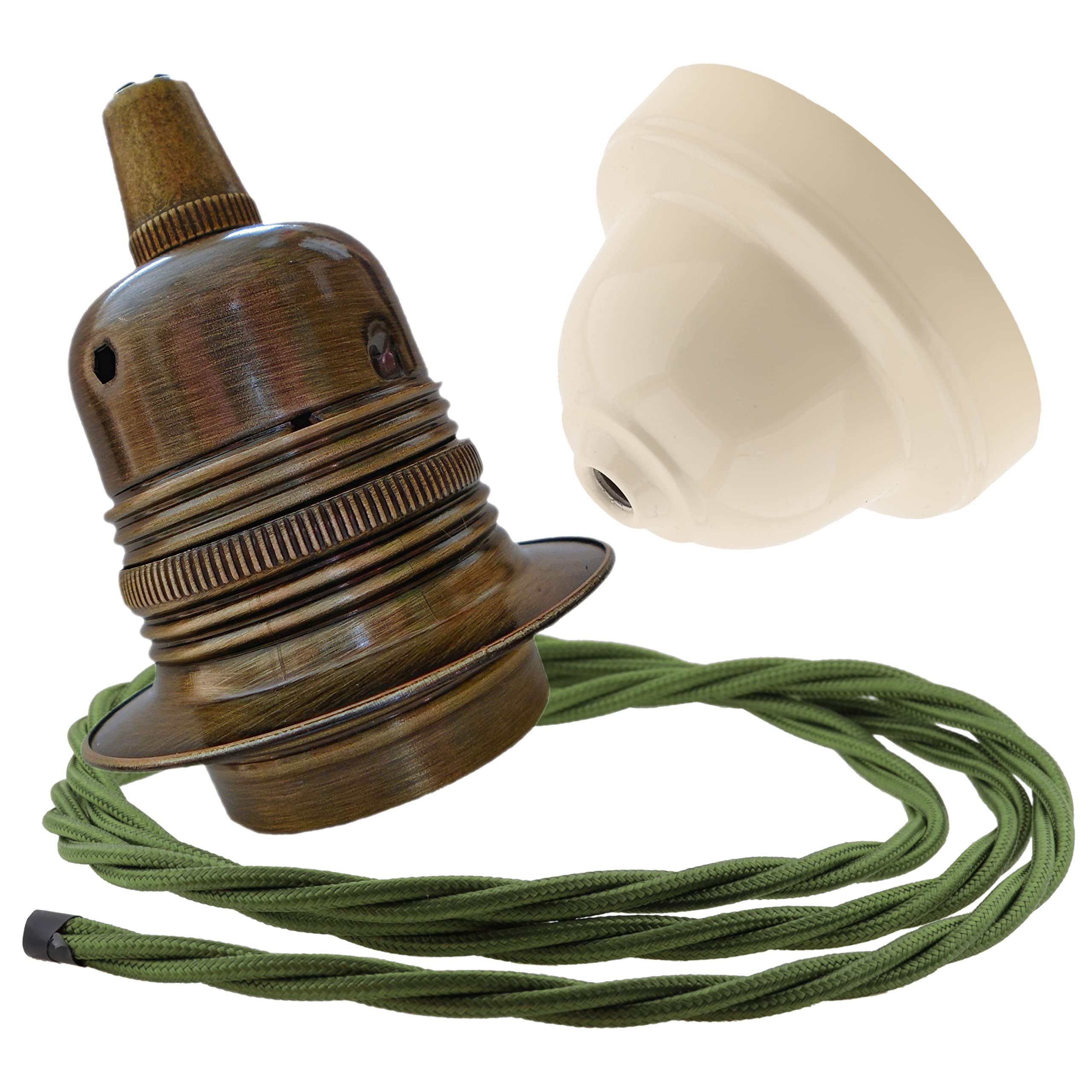 Repaireum Ltd. Pendant Kit with Ivory Bakelite Ceiling Cup E27 Antique Brass Lampholder and Green Flex