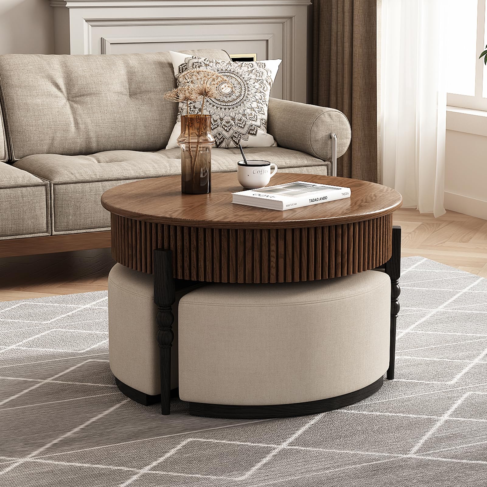 Lartis Modernes rundes Couchtisch-Set, Walnuss-Finish mit Stauraumschublade und Hockern, 2-teiliges Set für das Wohnzimmer