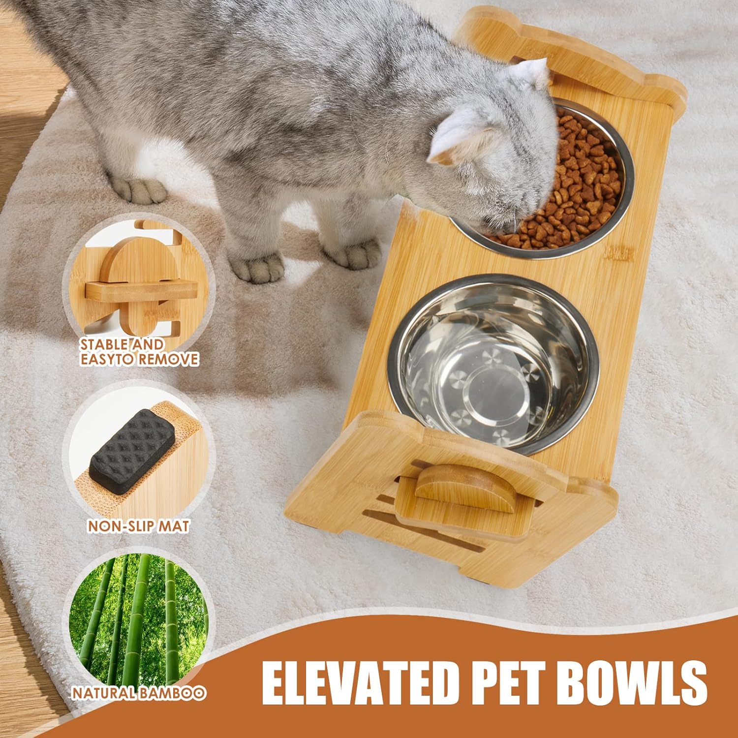 Elevated Cat Bowls, 6 Adjustable Heights Raised Dog Bowl, 15° Tilt Neck Guard Bamboo Dog Bowl Stand with 2 Stainless Steel Dog Bowls for Small and Medium Dogs and Cats. (Yellow, M)