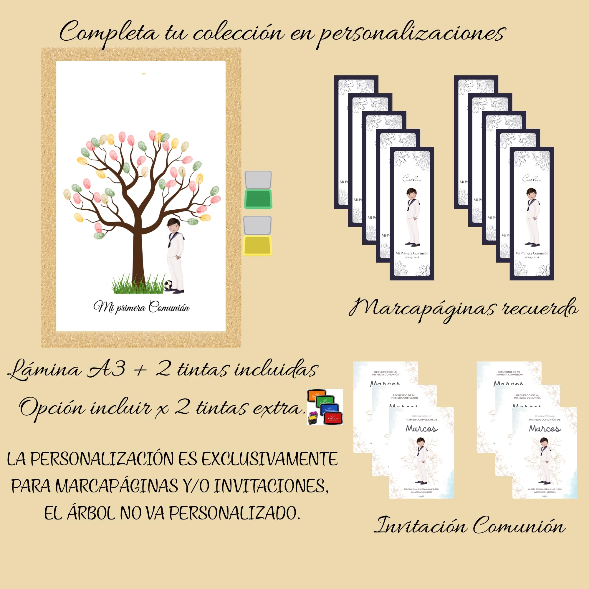 Eedama Decor Árbol de Huellas Comunión Niño Moreno – Lámina A3 con 2 Tintas incluídas (aleatorias) – Recuerdo Original para Invitados – Decoración de Primera Comunión — view 4