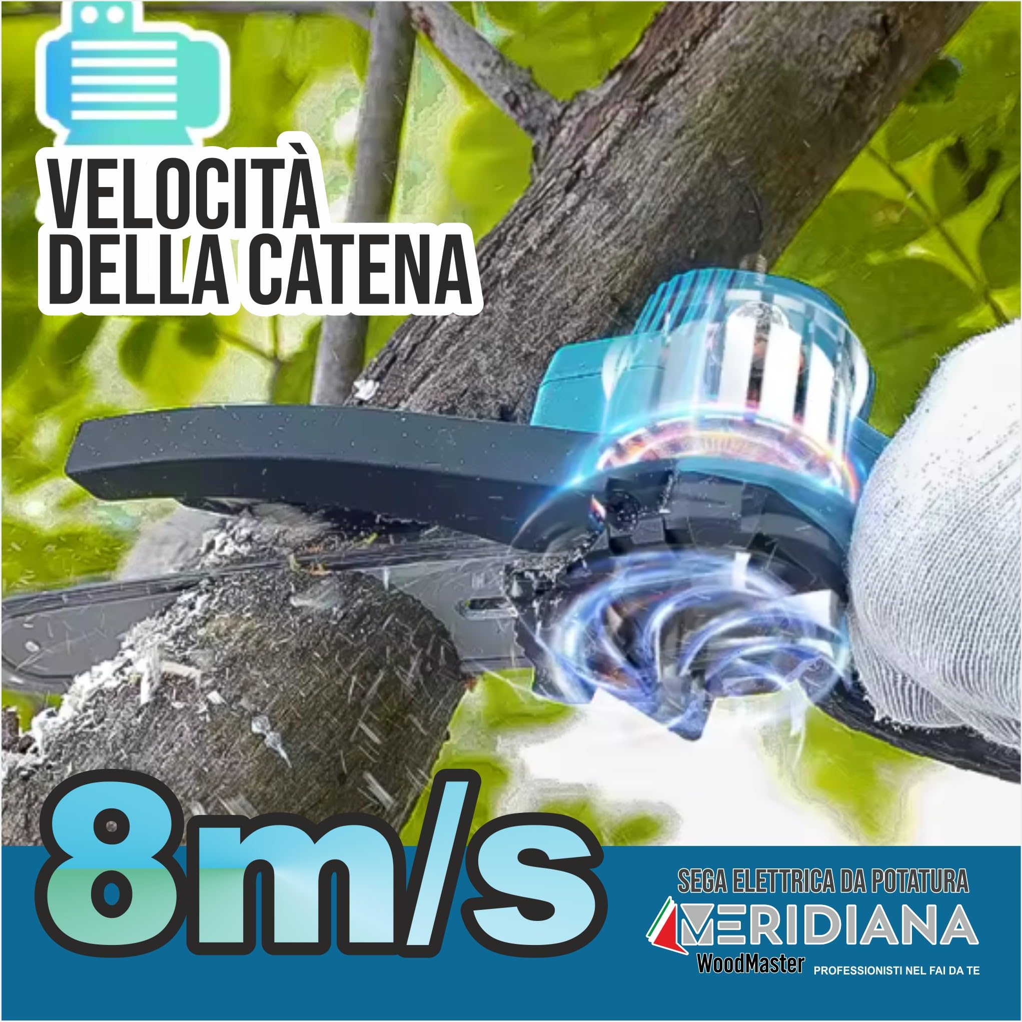 Meridiana Mini Motosega a Batteria senza fili per Potatura - 6 Pollici Motosega Elettrica Motore 21V con Oliatore Integrato, 2 Batterie 2000mAh, 2 Barre, 2 Catene e Cacciavite in Valigetta Rigida