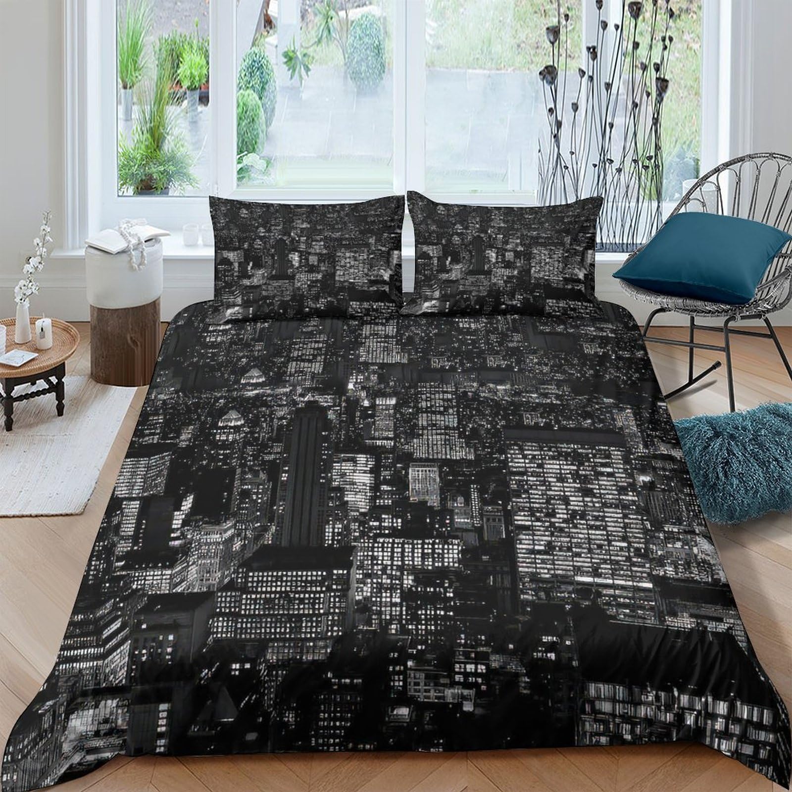 Ctjqhvkz Style-9 3D Printed City Skyline Fitted Sheet Microfiber Soft Urban Nightscape Mattress Cover Bedroom Decor Protection Single（135X200cm）