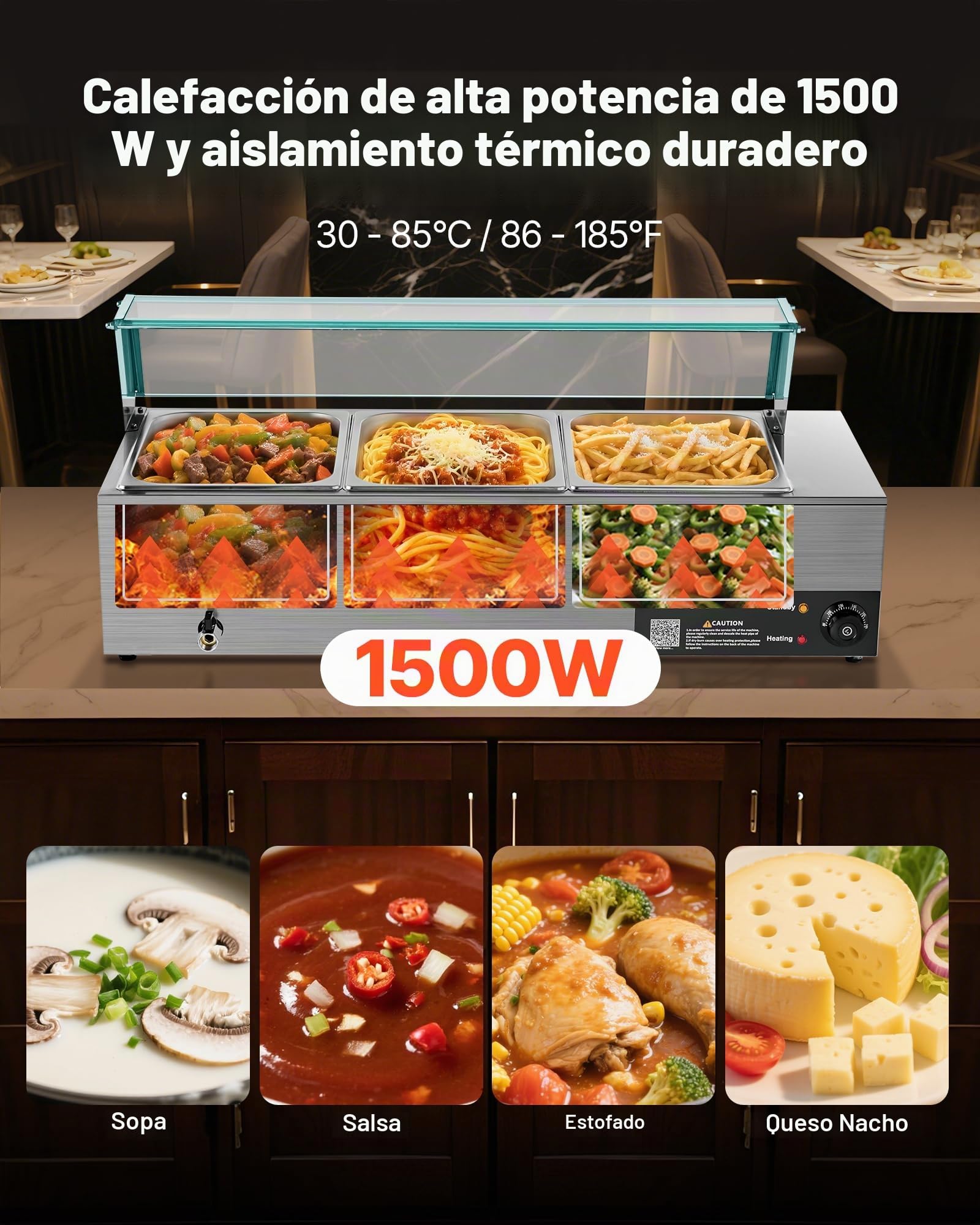 VEVOR Calentador de Alimentos Eléctrico de Acero Inoxidable de 1500 W con Vapor y Cubierta de Vidrio, 3 Bandejas para Buffet de Encimera, Baño María con Cucharones, para Catering, Restaurantes