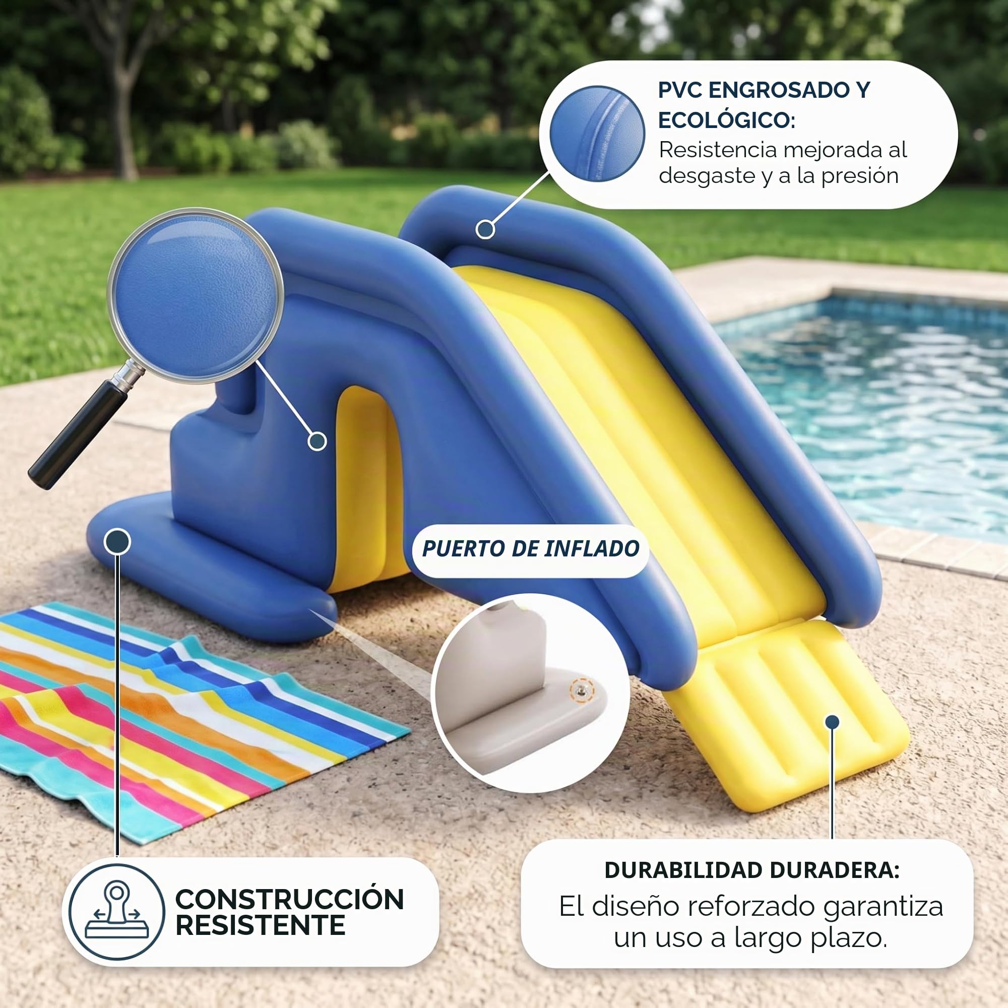Tobogán de Piscina Inflable de PVC Azul para Piscinas elevadas con Bomba de pie - Tobogán de Piscina portátil antivuelco para Piscinas enterradas y elevadas