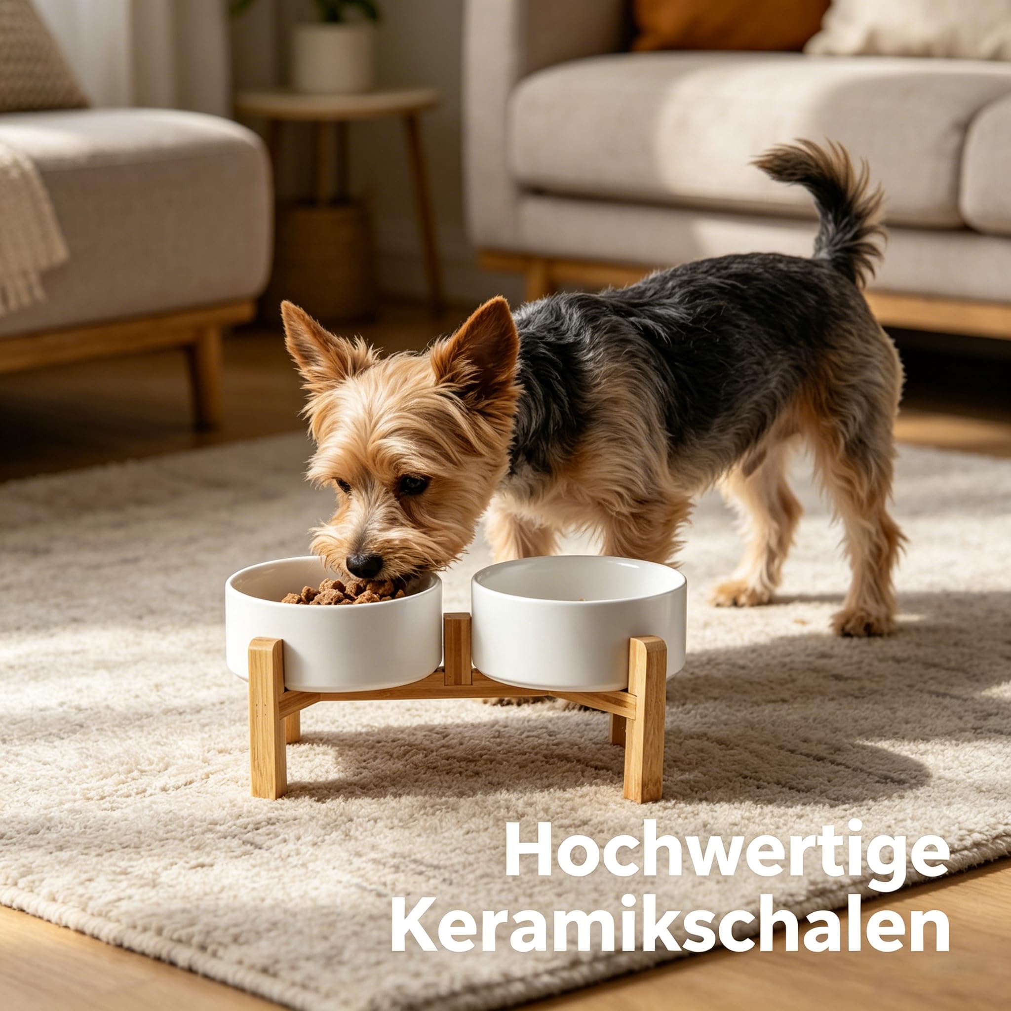 Hundenapf Erhöht, Erhöhter Futternapf Hund, Keramik Hunde Napfset, Futternäpfe Katzennapf mit Holz Ständer für Kleine und Mittelgroße Hunde, 850 ml x 2 (weiß)
