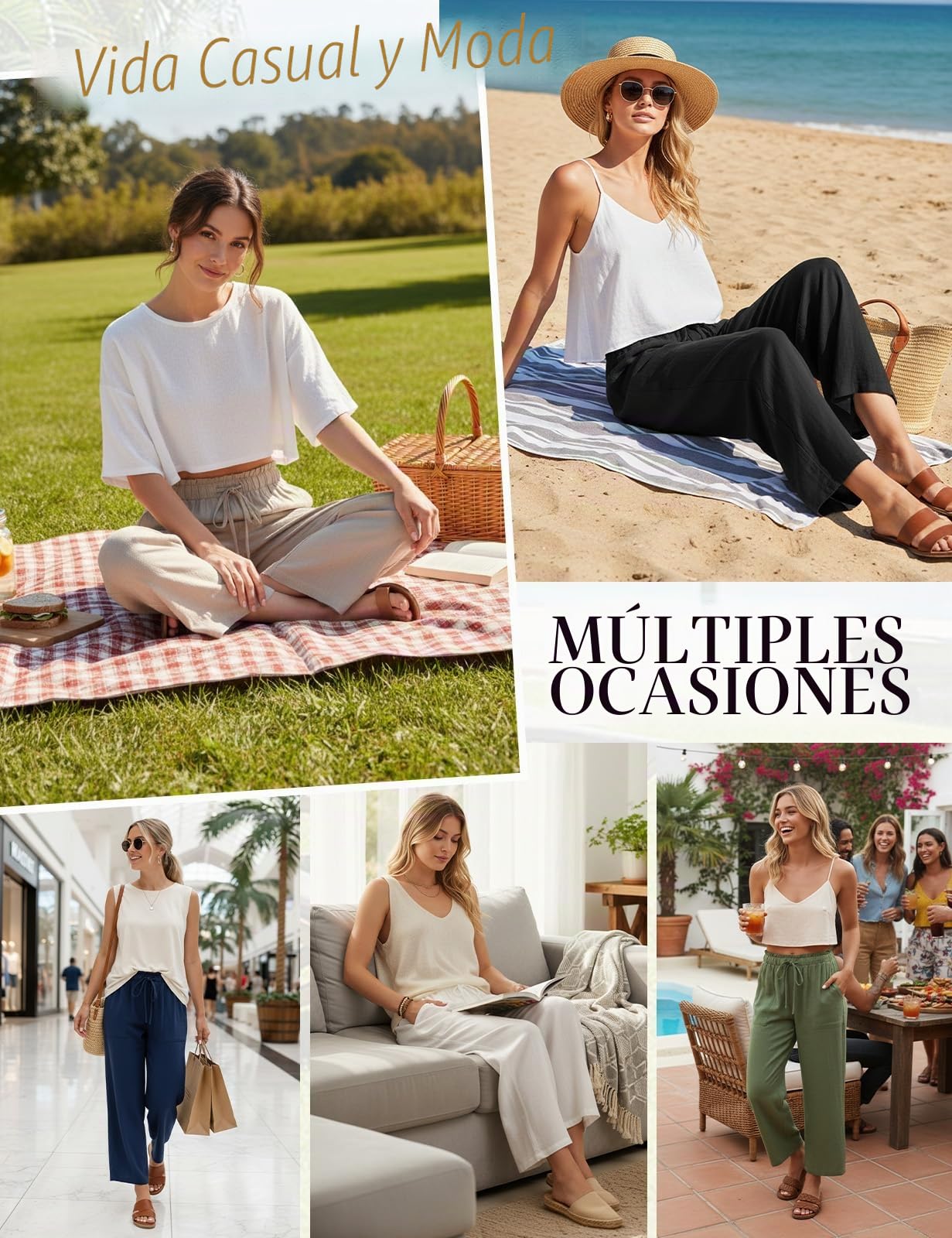 CMTOP Pantalones Mujer Verano Lino 7/8 Pantalon Cintura Elástico Pantalones Cómodos Ligero Casual Pantalon Flojo Playa Frescos Pantalón con Bolsillos
