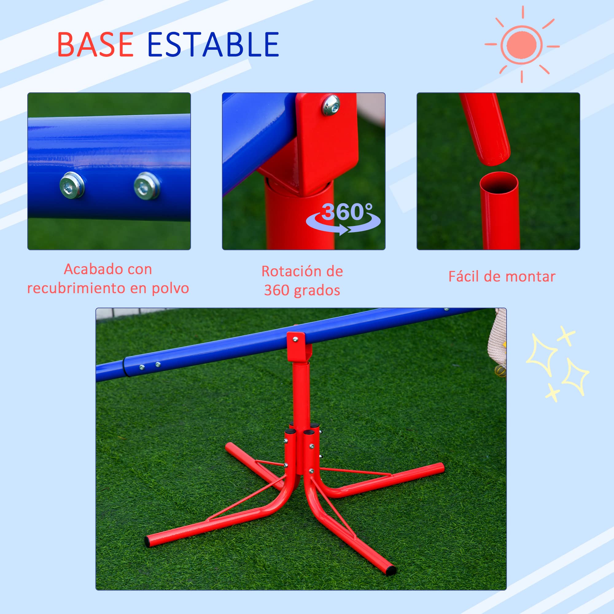 Outsunny Balancín Giratorio 360 Grados para Niños +3 Años con Base de 4 Varillas Postes de Tope y Asas Fáciles de Agarrar Patio Jardín 184x76x71 cm Multicolor