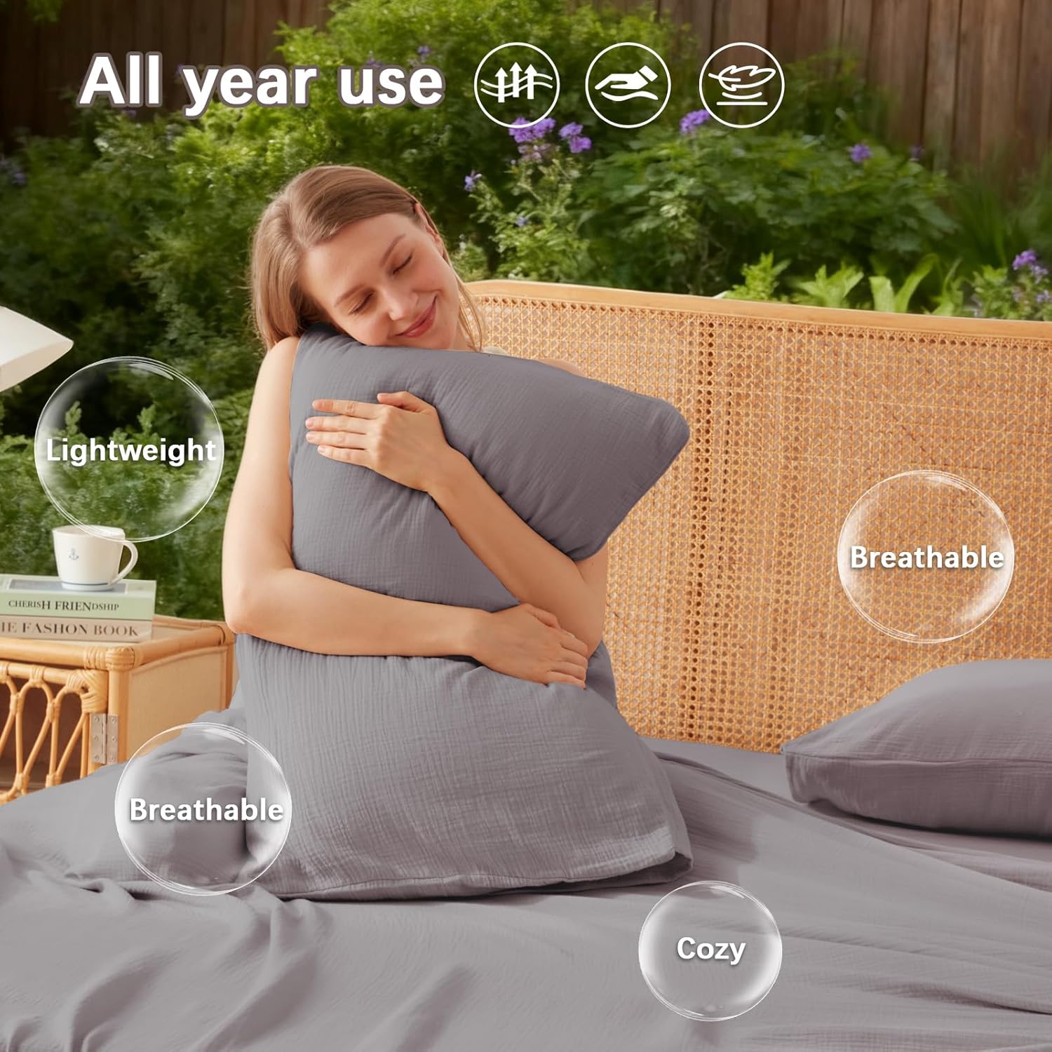 Queen Sheet Set Cotton Bed Sheets Gauze 4 Pcs Grey Queen Sheets Set 16" Deep Pocket Sheet & Pillowcase Sets Boho Muslin Queen Sheets Soft Queen Bedding Sets for All Season - Image 4