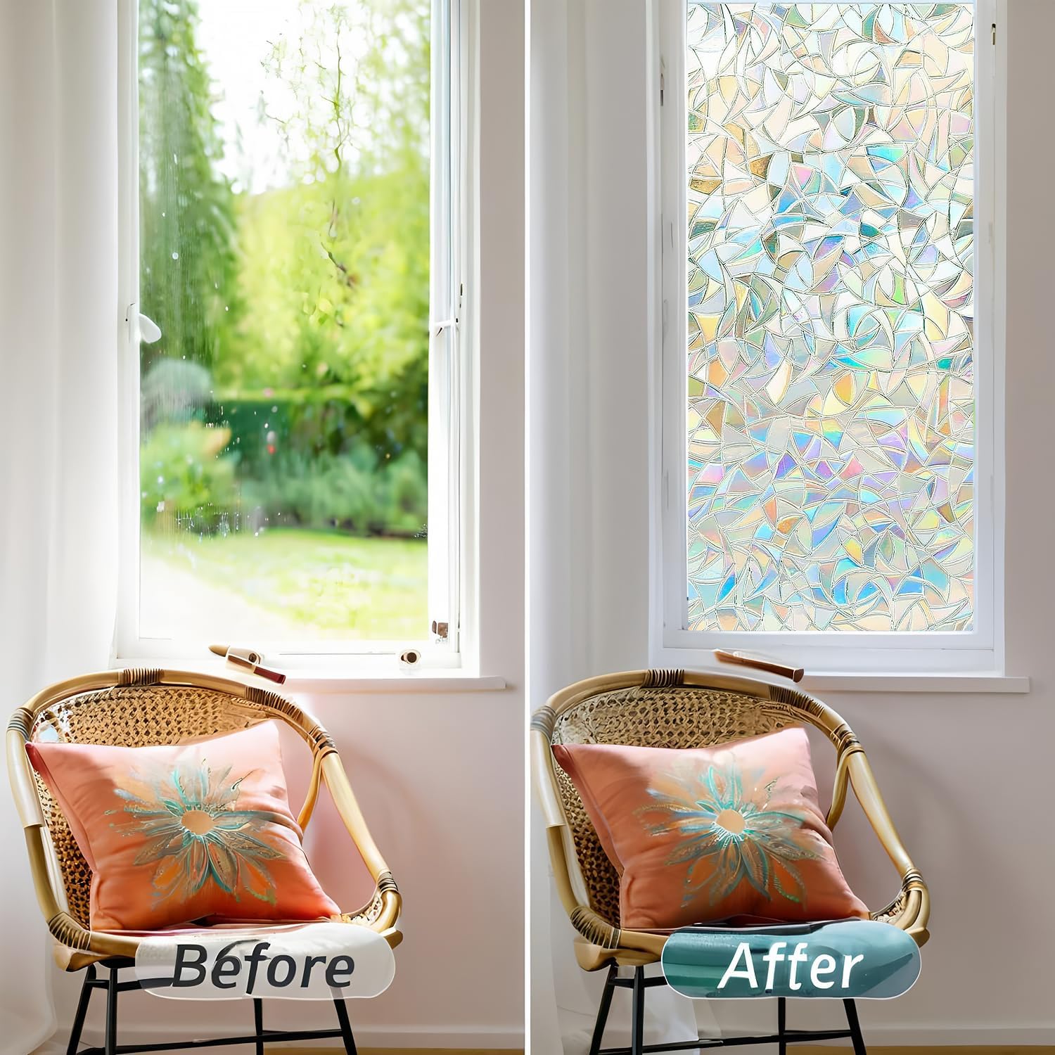 Window Privacy Film Rainbow Window Film – Decorative Static Cling Window Sticker with 3D Stained Glass Effect，（35.4 x 78.7 inch） Reusable Bathroom Window Film Decorative