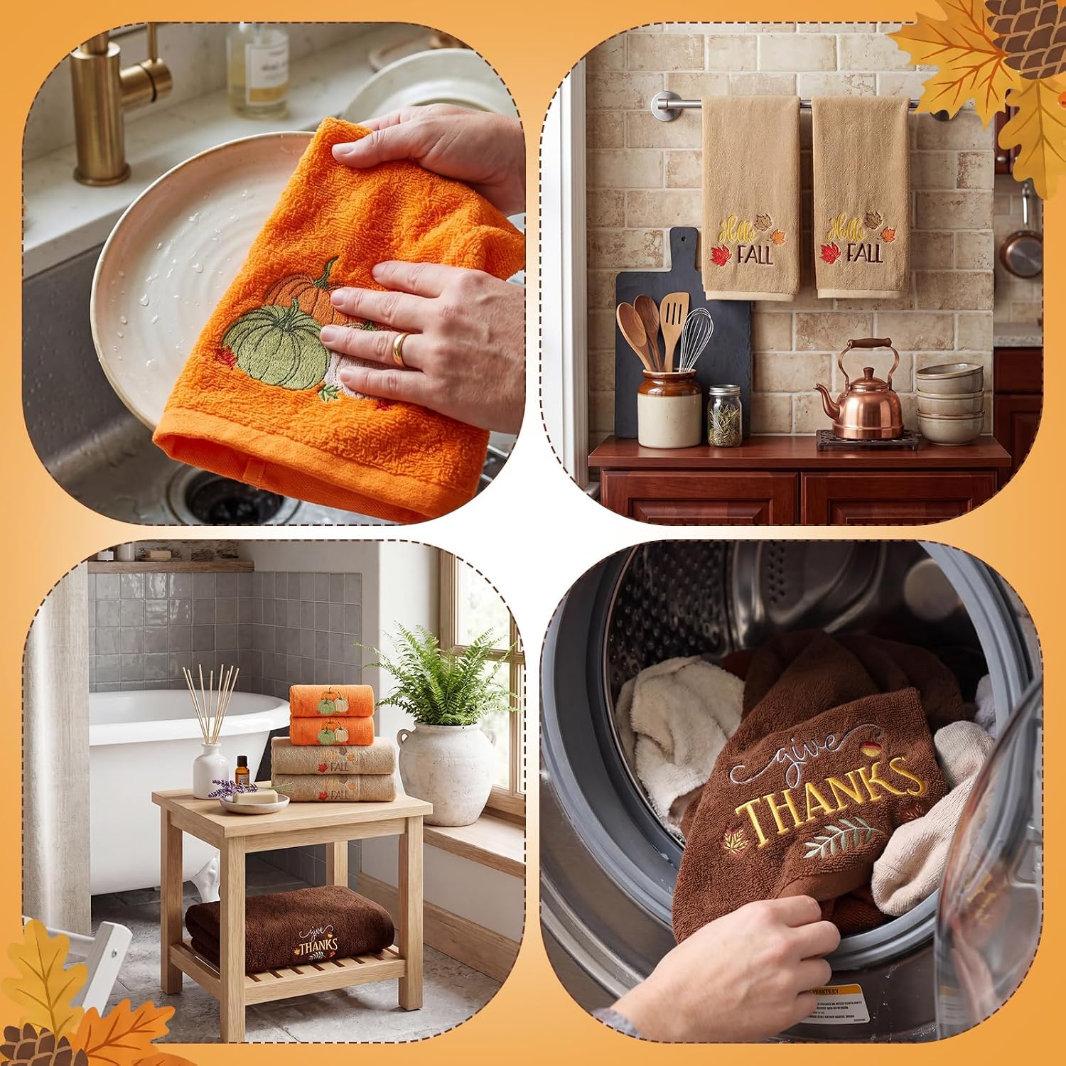 6 Pcs Hello Fall Embroidered Bathroom Towel Set | 2 Bath Towels 2 Hand Towels 2 Washcloths Thanksgiving Pumpkin Towel for Bathroom Autumn Decorative for Shower Bath Kitchen
