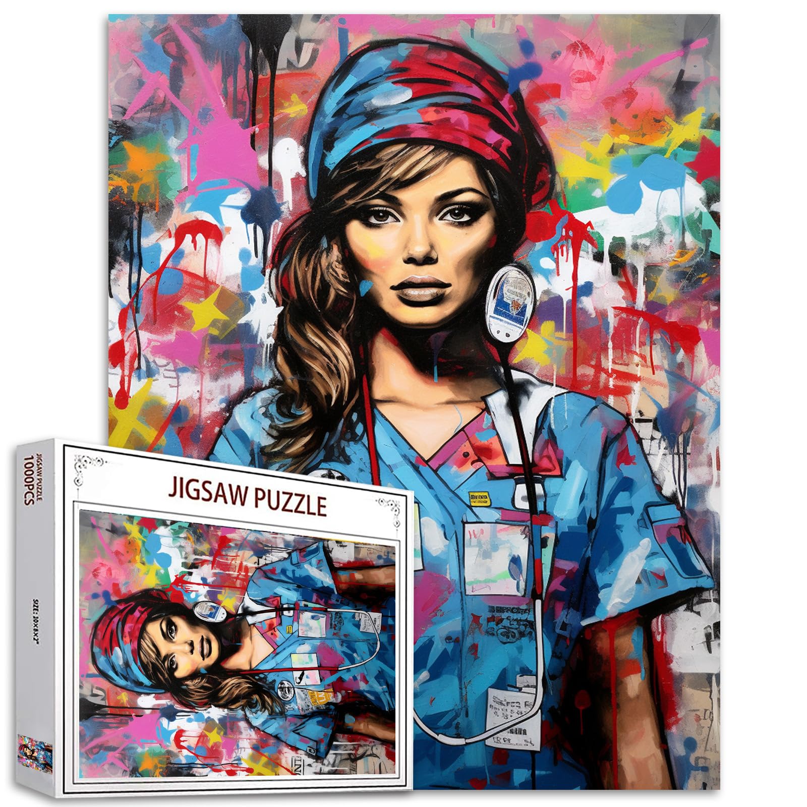 Graffitic Banksy Jigsaw Puzzles 1000 Pieces for Adults,Families (Girl,Female Doctor,Doodle,Pop Art) Pieces Fit Together Perfectly 19.7''x27.6''inch Fashion Woman Frameable Magic Puzzle Art（Blue）