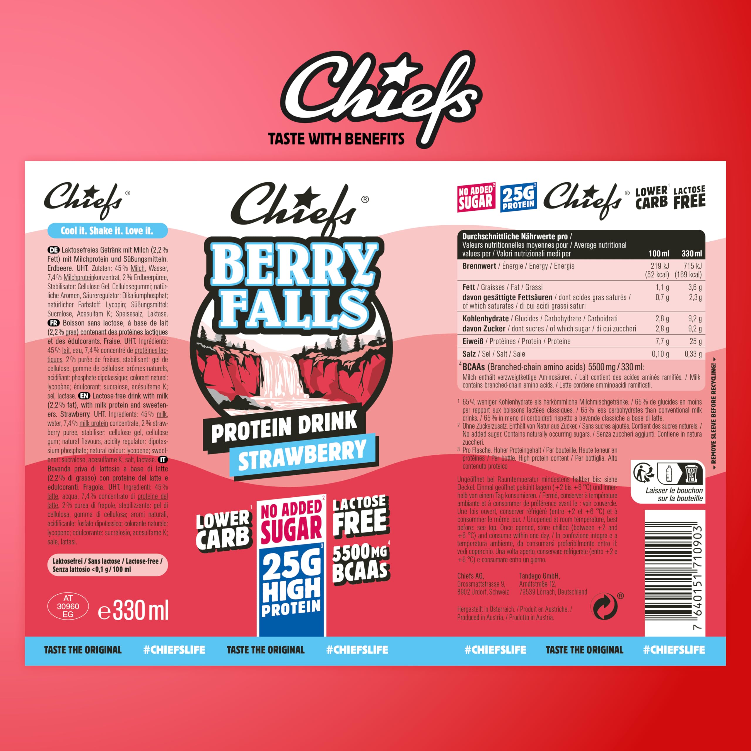 Chiefs® Milk Protein Drink avec 25 g de protéines et BCAA • Shake riche en protéines et faible en glucides, sans lactose et sans sucres ajoutés • 8 x 330 ml (Berry Falls)