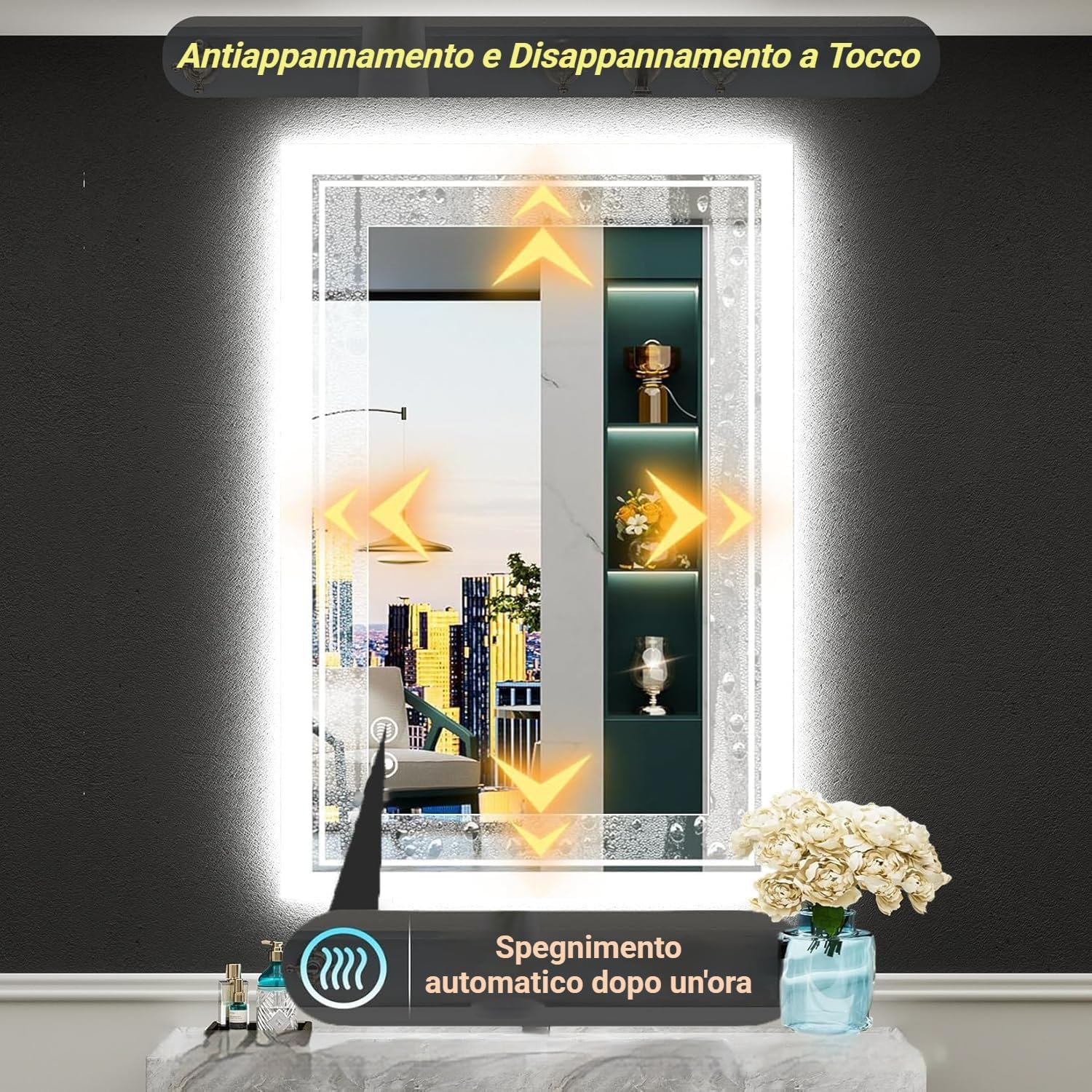 Specchio Bagno con Luce - 80 x 60 CM Specchio Bagno LED Antifog, Specchi da parete Dimmerabile 3 Colori, Specchio Intelligente Infrangibile, Funzione di Memoria (Orizzontale/Verticale)