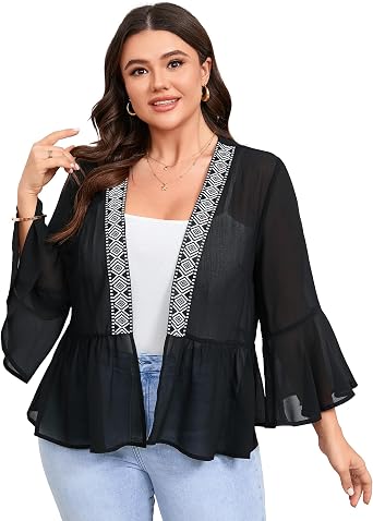 Womens Plus Size Lightweight Chiffon Cardigan Open Front Cover Up Long Sleeve Ruffles Summer Top Casual Beachwear