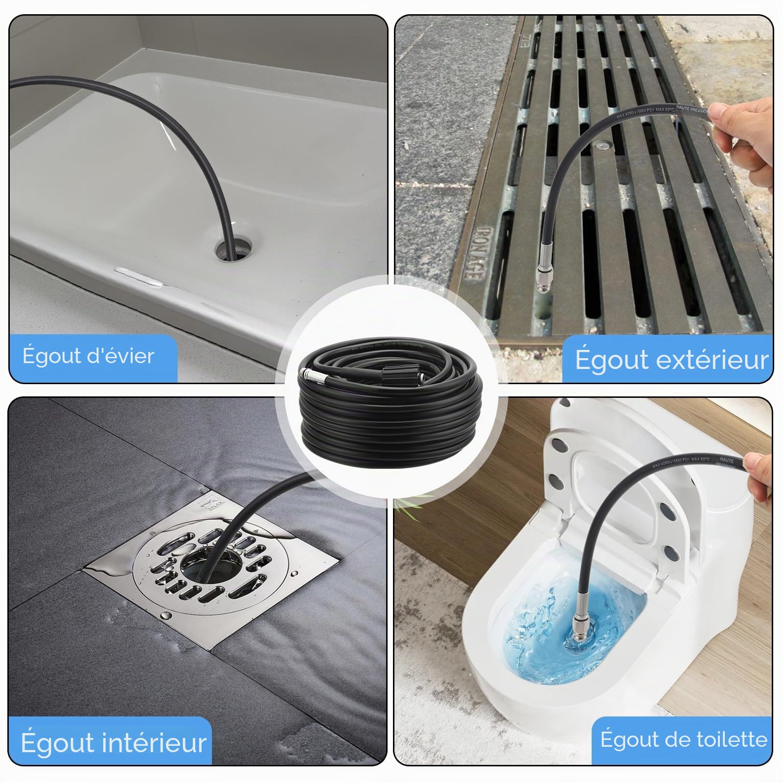 Furet Deboucheur Canalisation Haute Pression 30M,Tuyau Flexible 210 Bar 60°C,Avec Adaptateur,Buse Fixe/Rotative,Rallonge De Tuyau Pour Karcher Nettoyeur Compatible Avec Kärcher K2-K7 (30M)