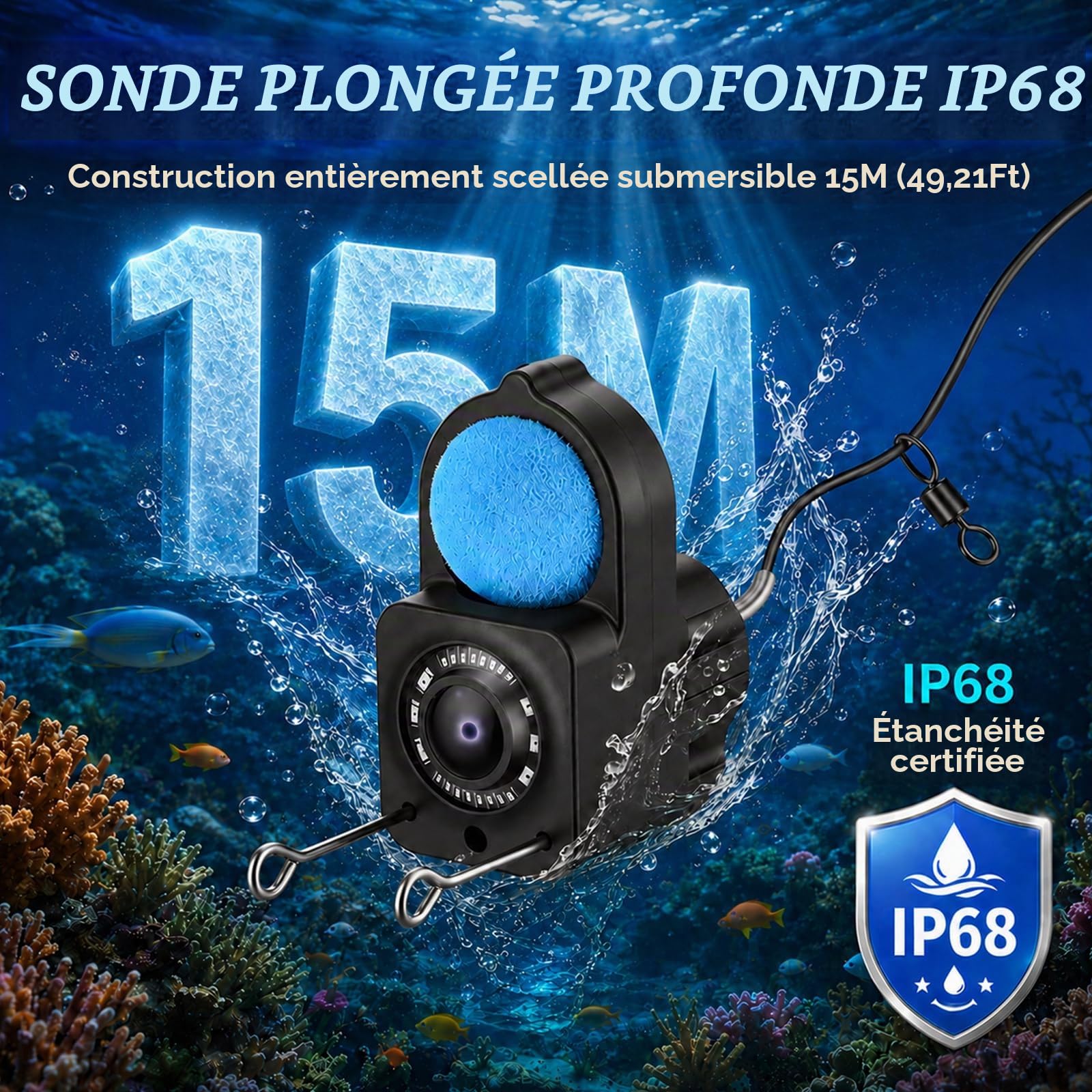 Caméra sous-Marine HD 1080p, Fish Finder Sondeur Bateau avec écran 4,3"(15m)
