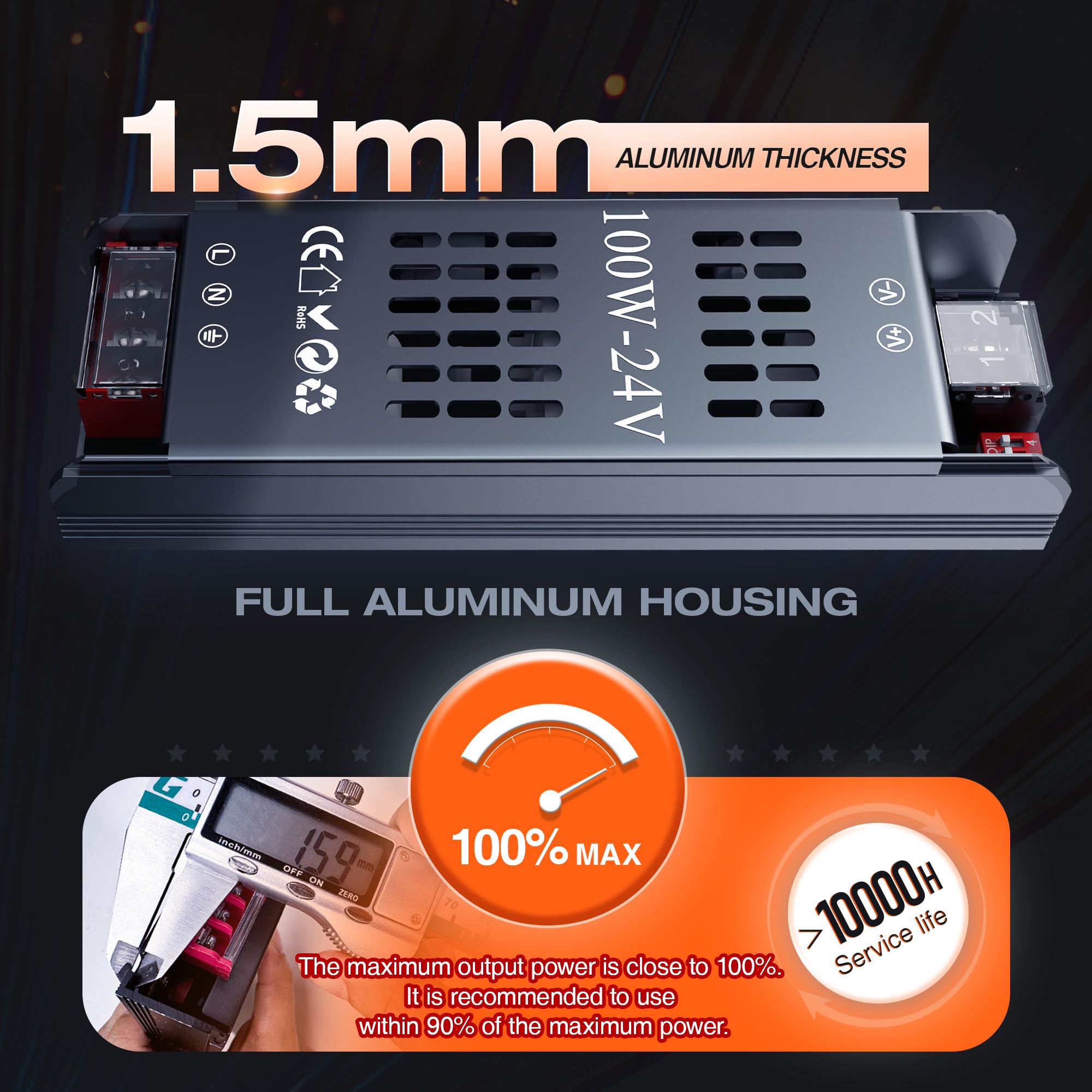 Alimentatore LED 24V 100W - Trasformatore AC/DC, 4.2A, Guscio Alluminio, Per Strisce LED, Luci - Foto 3