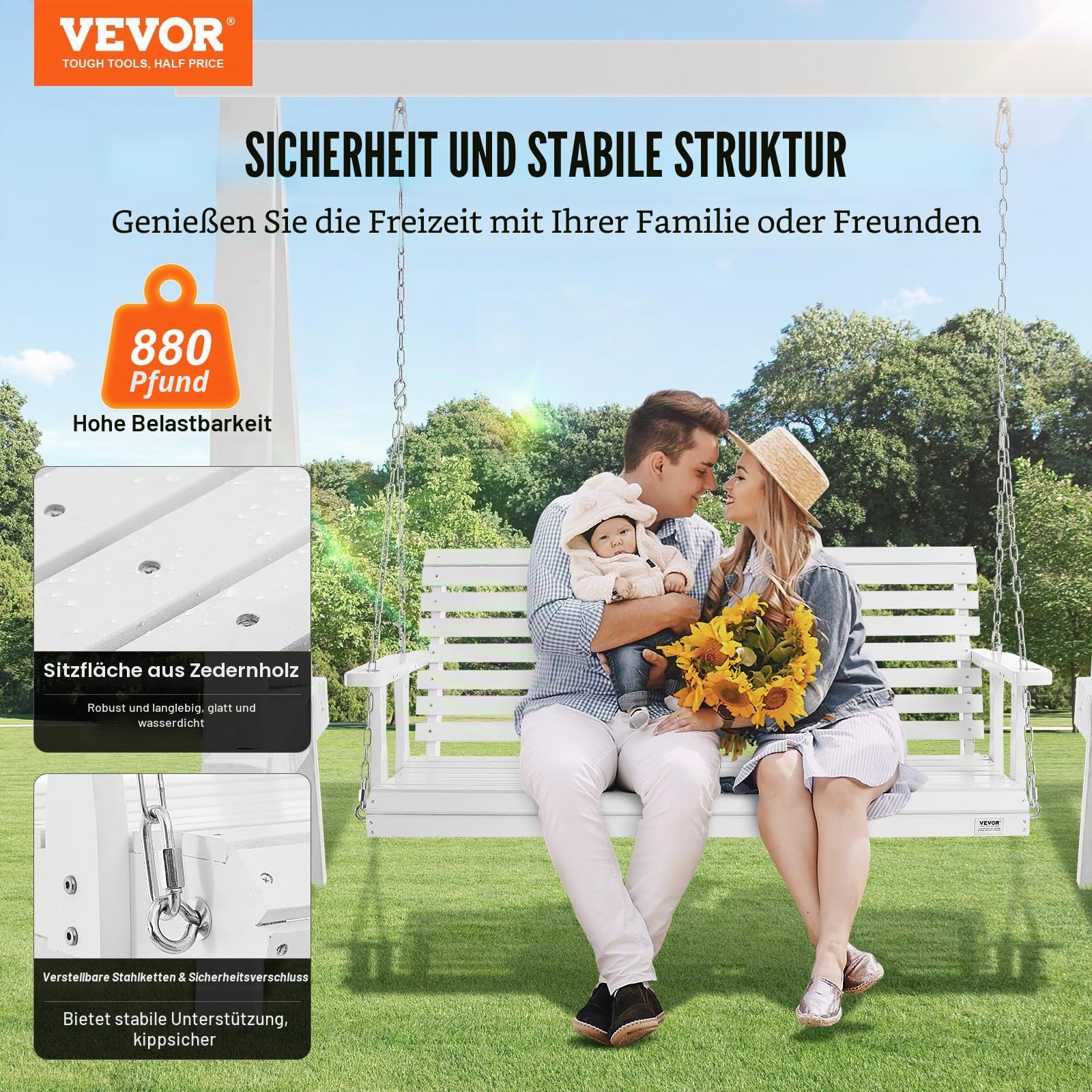 VEVOR Hollywoodschaukel Zedernholz, 1523x710x600mm, Terrassenschaukel für Hof und Garten, verbesserte Tragkraft von ca. 400 kg, robuste Schaukelstuhlbank mit Aufhängeketten für den Außenbereich, weiß