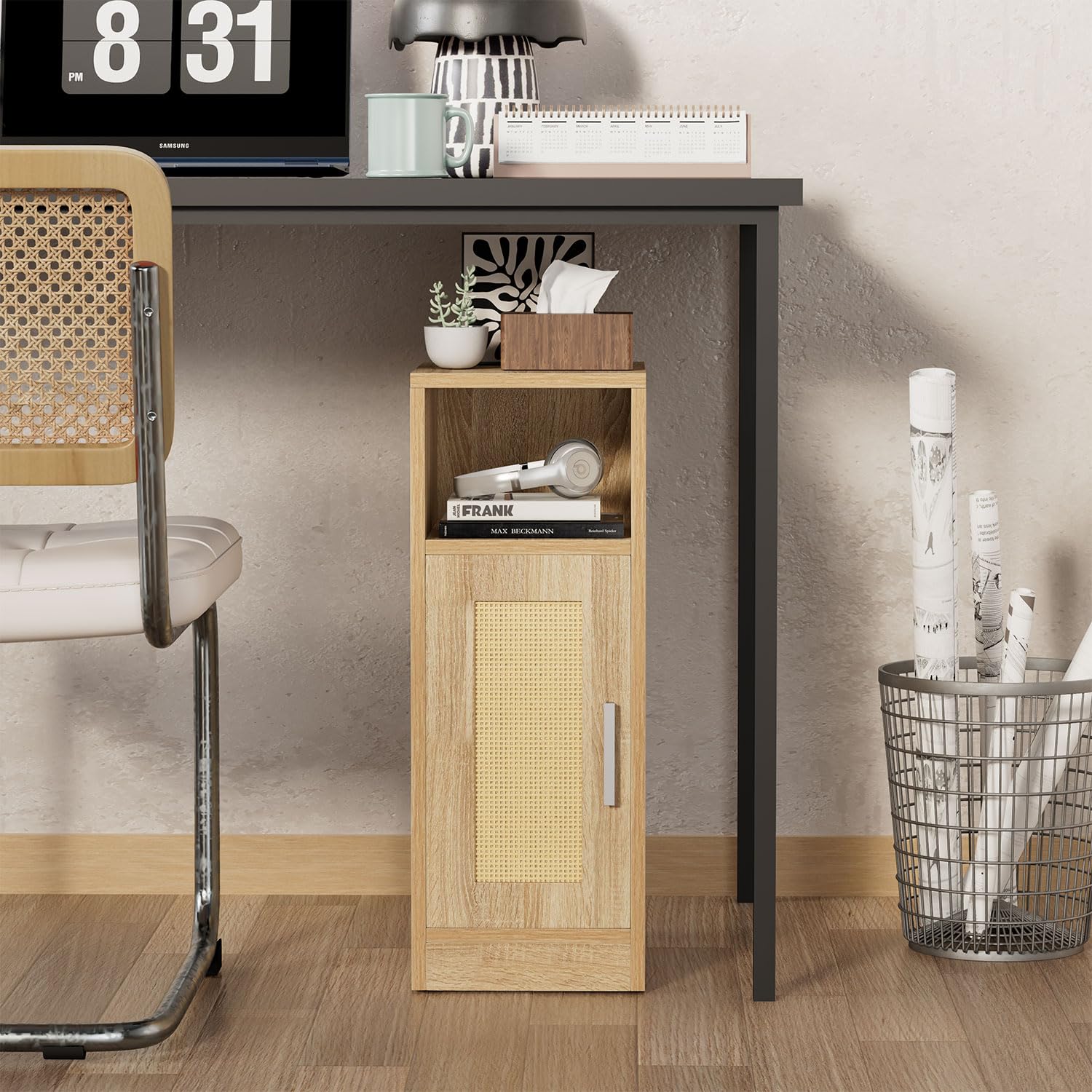 IBUYKE Ensemble de 2 Tables de Chevet Fines, Table de Nuit en rotin avec Compartiments Ouverts et Placard pour Petits espaces, Petite Table d'appoint étroite pour Chambre à Coucher et Salon, Naturel